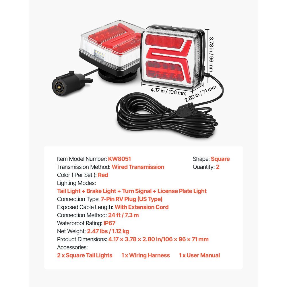 VEVOR Trailer Lights, 2PCS Square Magnetic LED Trailer Tail Lights Kit with Stop Brake Turn Tail License Lamp, Waterproof Tow Lighting Kit with Wiring Harness for Boat Truck Camper RV Snowmobile Bus