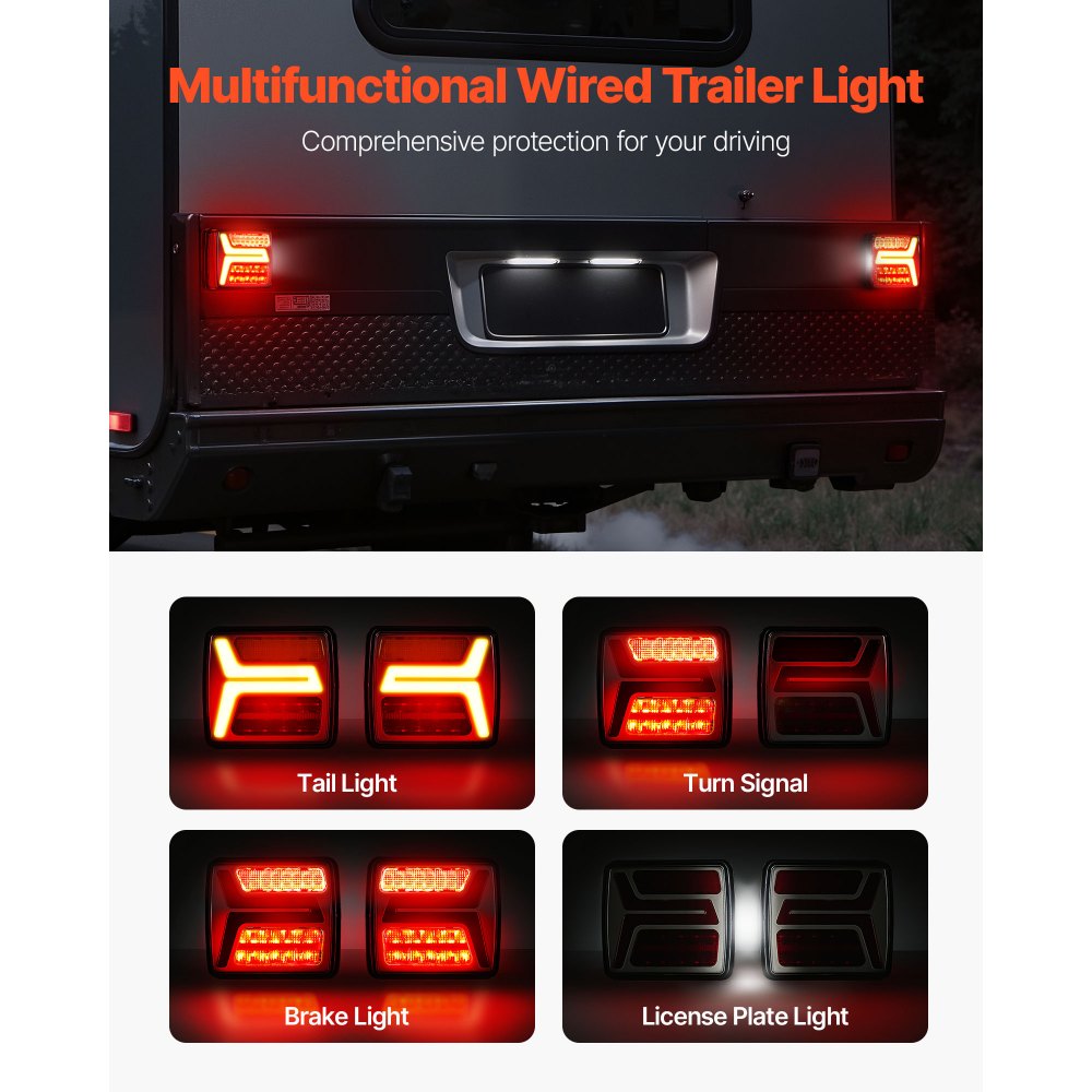 VEVOR Trailer Lights, 2PCS Square Magnetic LED Trailer Tail Lights Kit with Stop Brake Turn Tail License Lamp, Waterproof Tow Lighting Kit with Wiring Harness for Boat Truck Camper RV Snowmobile Bus