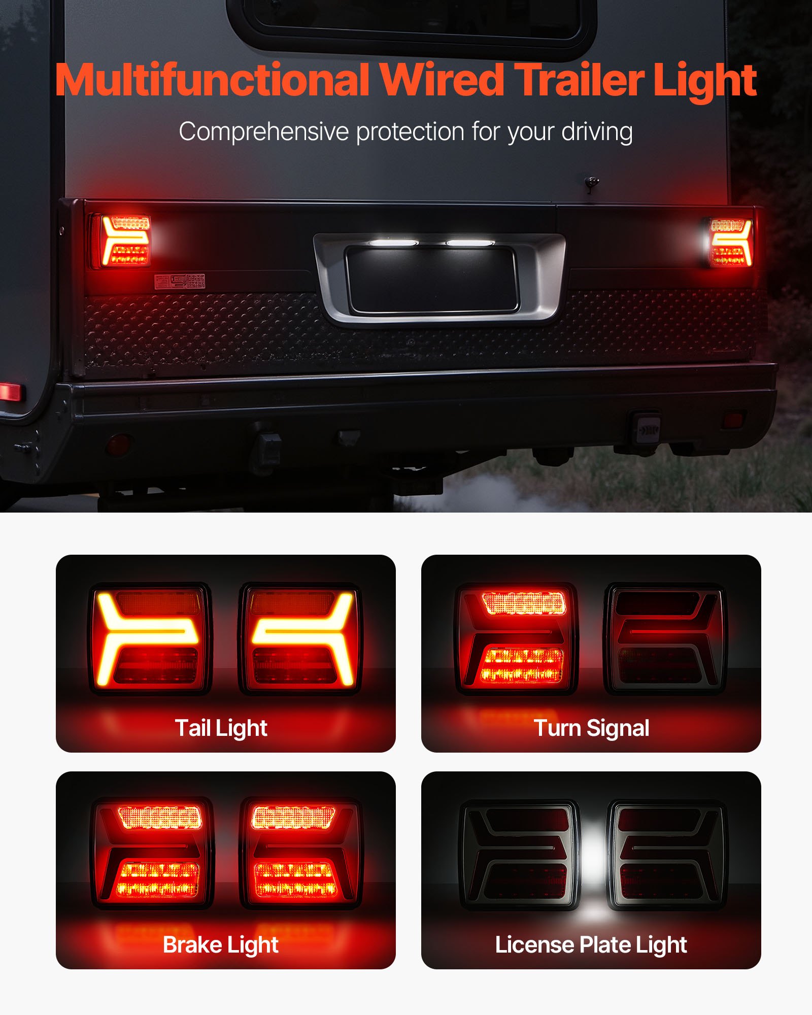 VEVOR Trailer Lights, 2PCS Square Magnetic LED Trailer Tail Lights Kit with Stop Brake Turn Tail License Lamp, Waterproof Tow Lighting Kit with Wiring Harness for Boat Truck Camper RV Snowmobile Bus
