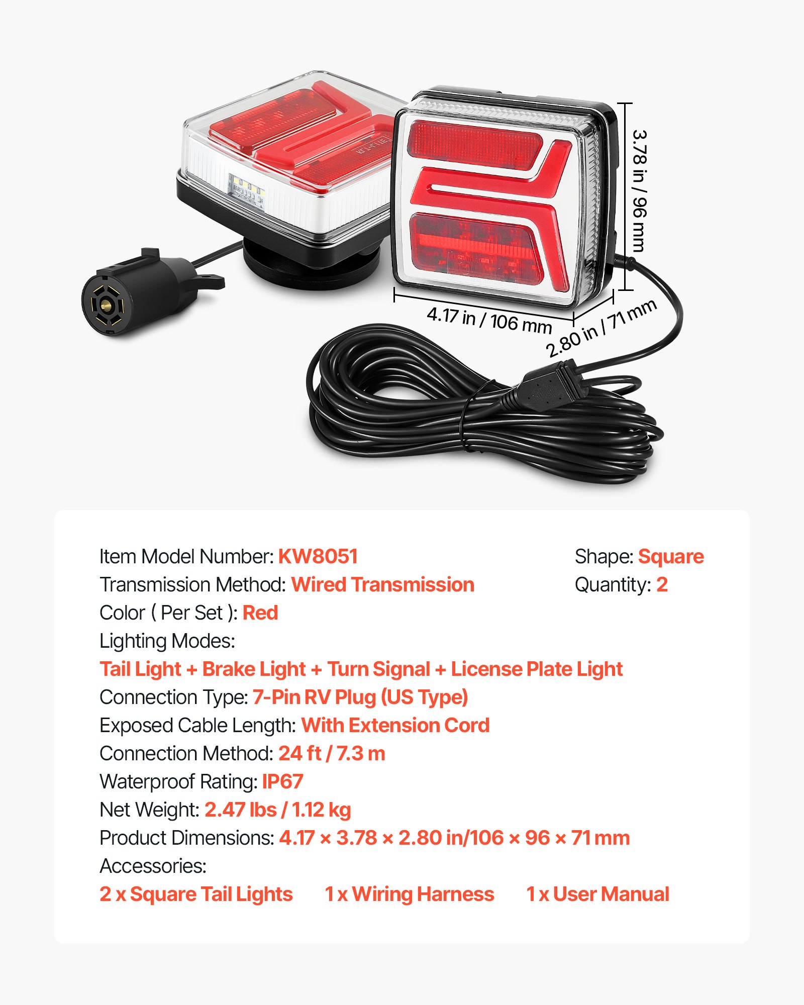 VEVOR Trailer Lights, 2PCS Square Magnetic LED Trailer Tail Lights Kit with Stop Brake Turn Tail License Lamp, Waterproof Tow Lighting Kit with Wiring Harness for Boat Truck Camper RV Snowmobile Bus