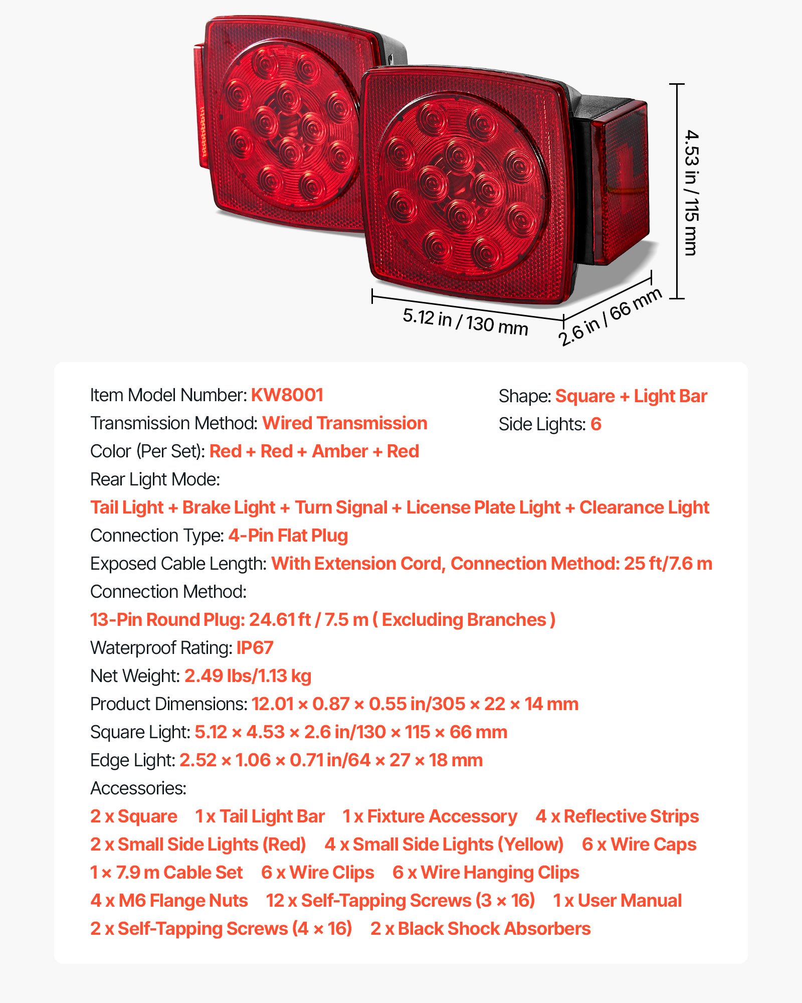 VEVOR Trailer Lights, LED Trailer Tail Lights Kit with Stop Brake Turn Tail License Plate Clearance Lamp, Waterproof Tow Lighting Kit with Wiring Harness for Boat Truck Camper RV Snowmobile Caravan