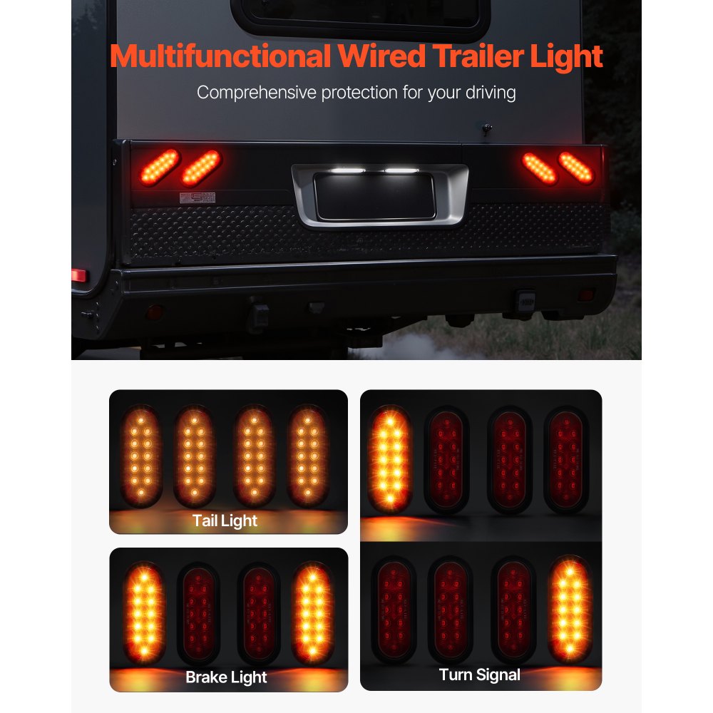 VEVOR Trailer Lights, 4PCS Oval LED Trailer Tail Lights Kit with Stop Brake Turn Tail Lamp, Waterproof Tow Lighting Kit for Boat Truck Camper RV Snowmobile Bus Caravan, Dual Mounting Options, Red
