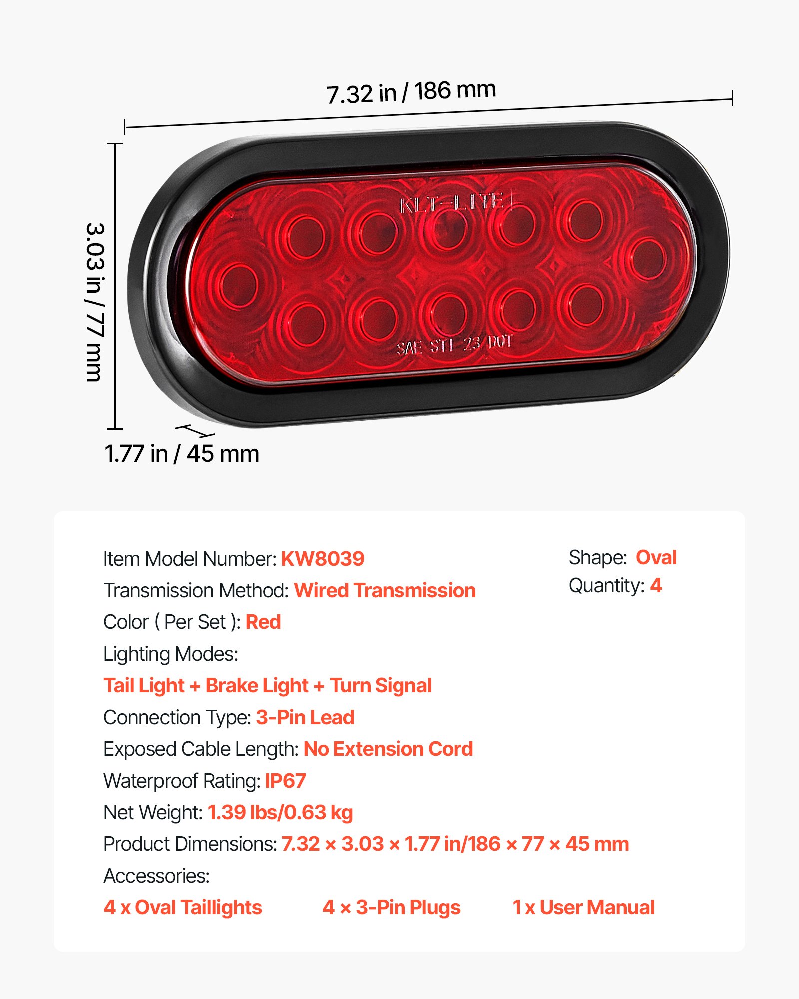 VEVOR Trailer Lights, 4PCS Oval LED Trailer Tail Lights Kit with Stop Brake Turn Tail Lamp, Waterproof Tow Lighting Kit for Boat Truck Camper RV Snowmobile Bus Caravan, Dual Mounting Options, Red