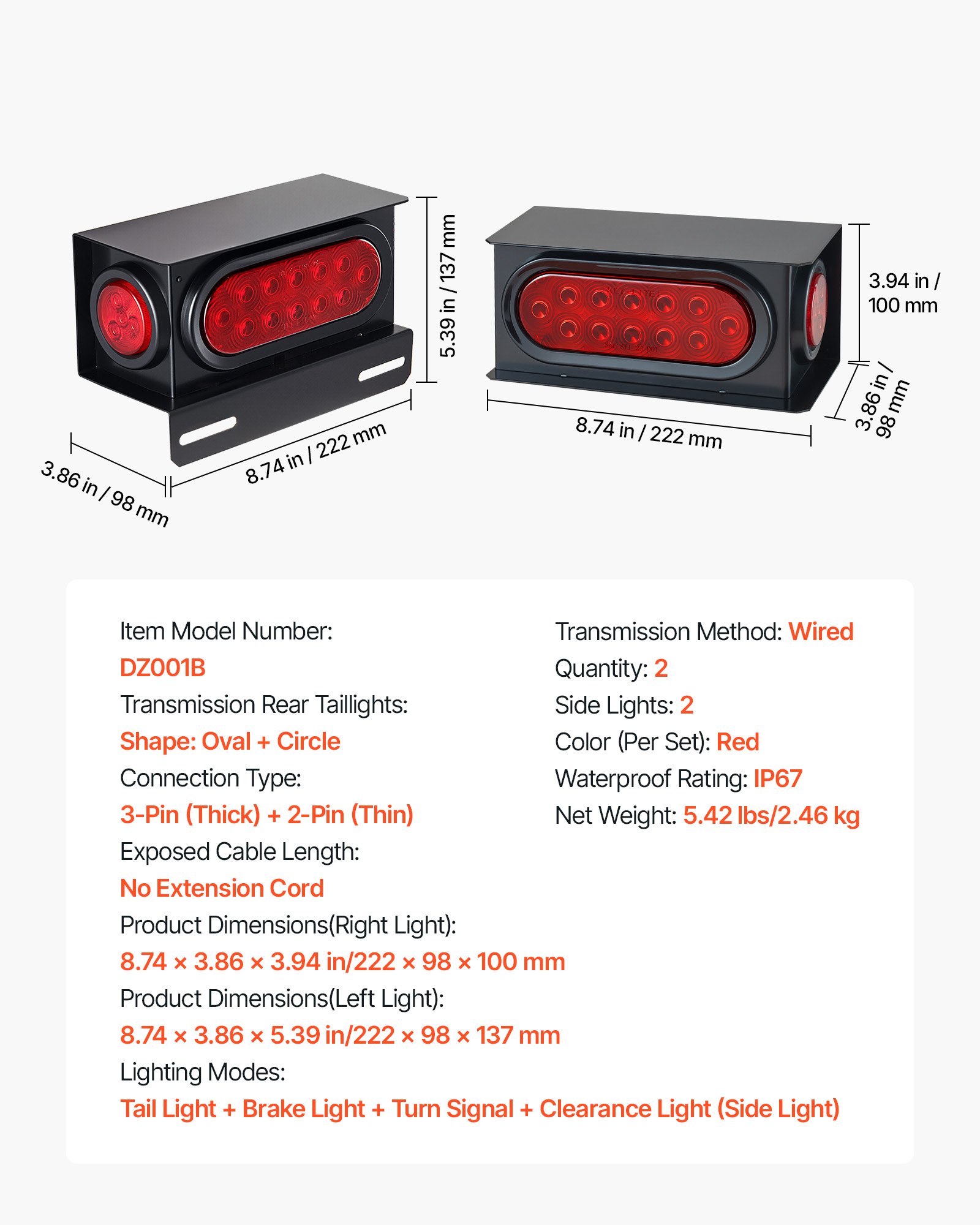 VEVOR Trailer Lights, LED Trailer Tail Lights Kit with Stop Brake Turn Tail Clearance (Side) Lamp, Left and Right Waterproof Dustproof Tow Lighting Kit for Boat Truck Camper RV Snowmobile Bus Caravan