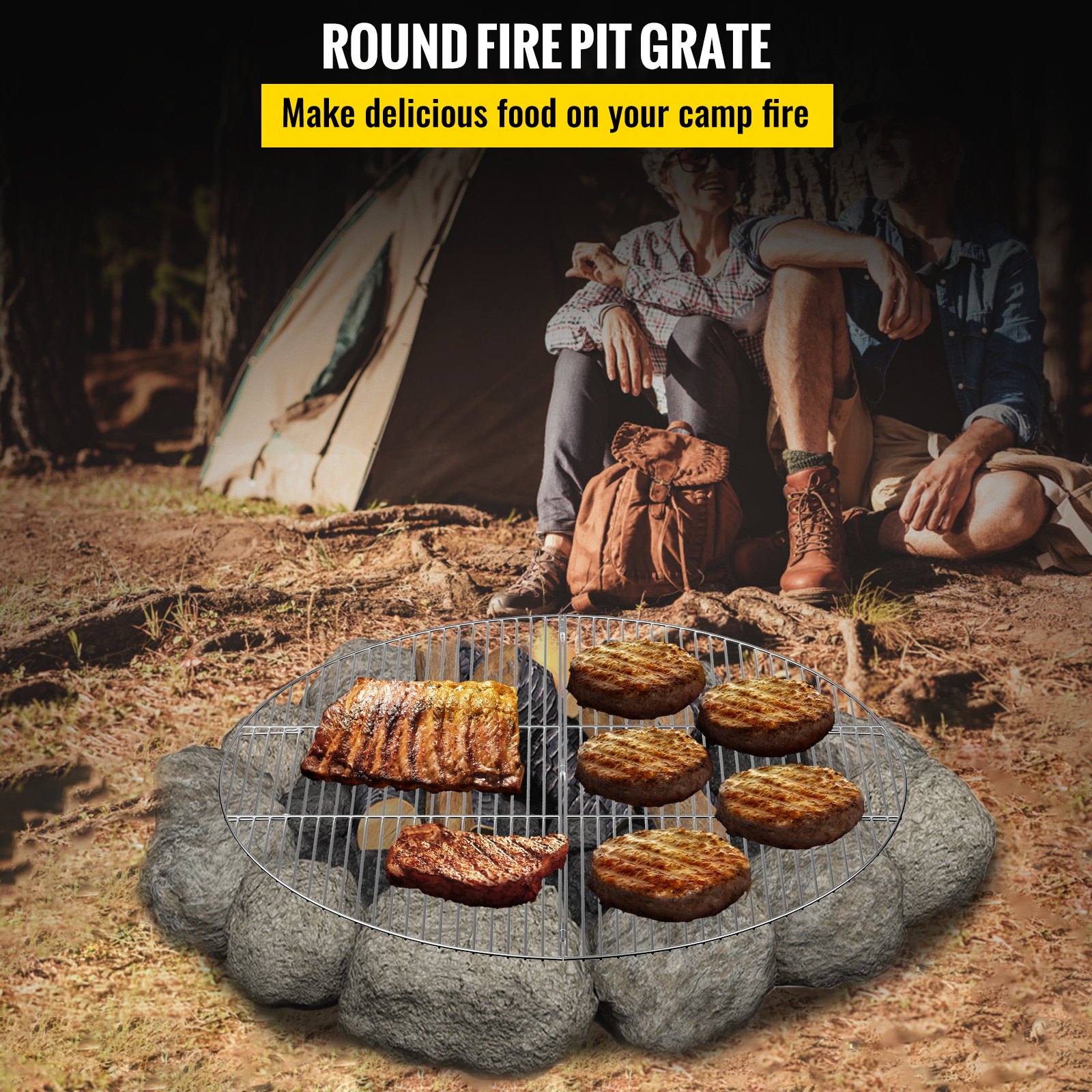 VEVOR Fire Pit Cooking Grill Grate 36 Inch, Foldable Round Cooking Grate, Solid Stainless Steel Campfire BBQ Rack with Folding Handle & Lightweight for Outdoor Picnic Party & Gathering, Silver