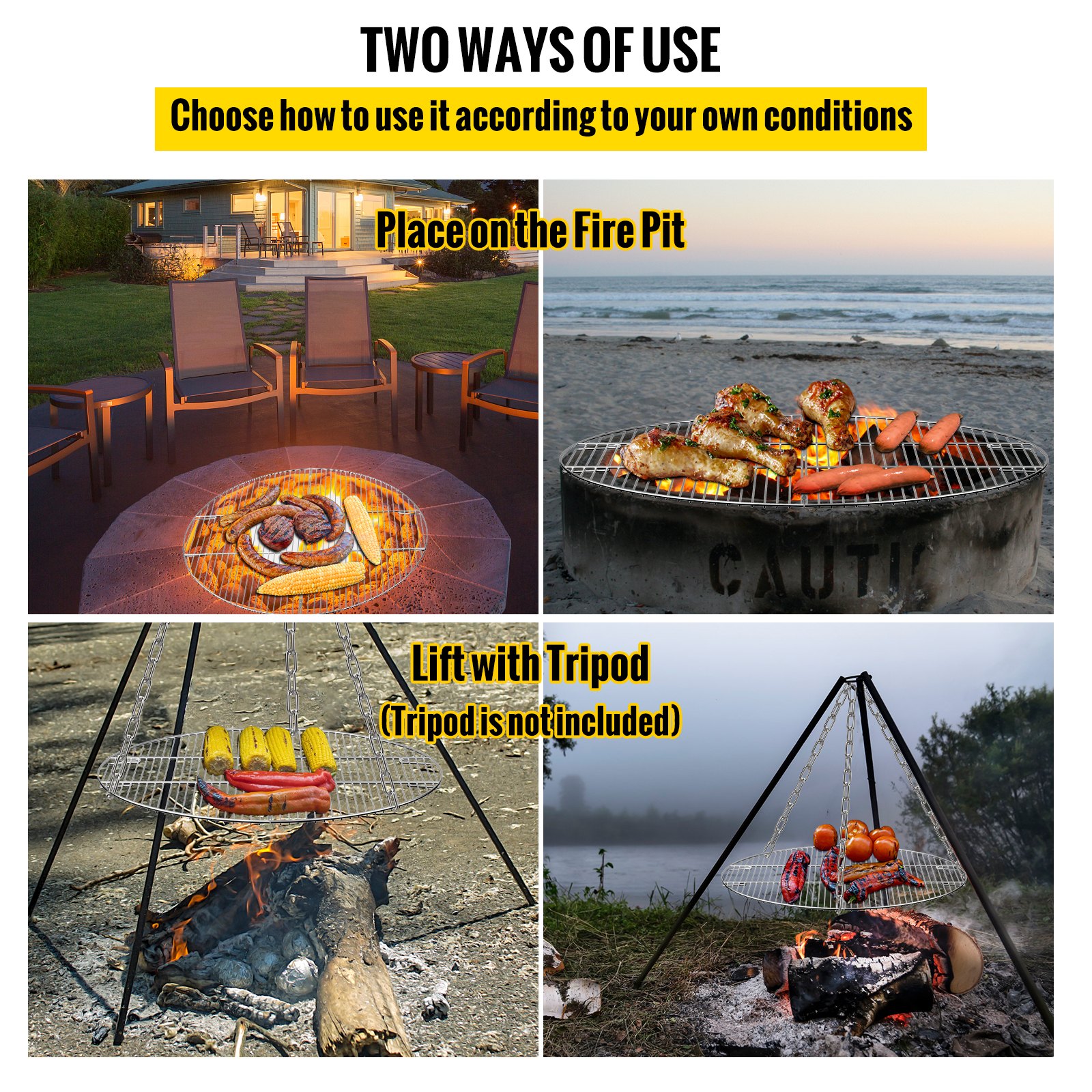 VEVOR Fire Pit Cooking Grill Grate 36 Inch, Foldable Round Cooking Grate, Solid Stainless Steel Campfire BBQ Rack with Folding Handle & Lightweight for Outdoor Picnic Party & Gathering, Silver
