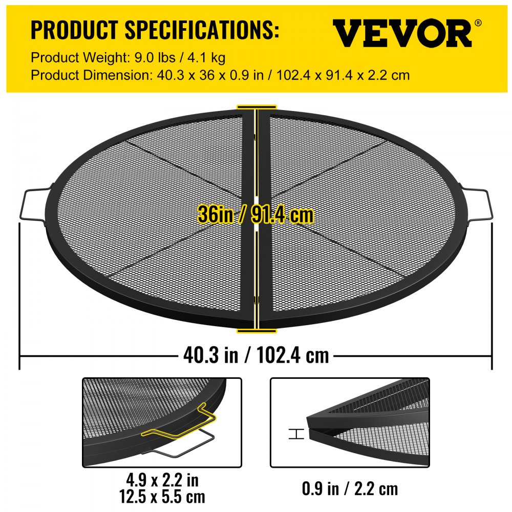 VEVOR Fire Pit Cooking Grill Grate 36 Inch, Foldable Round Cooking Rack, Heavy Duty X-Marks Campfire BBQ Grill with Portable Handle & Support Wire for Outdoor Picnic Party & Gathering, Black