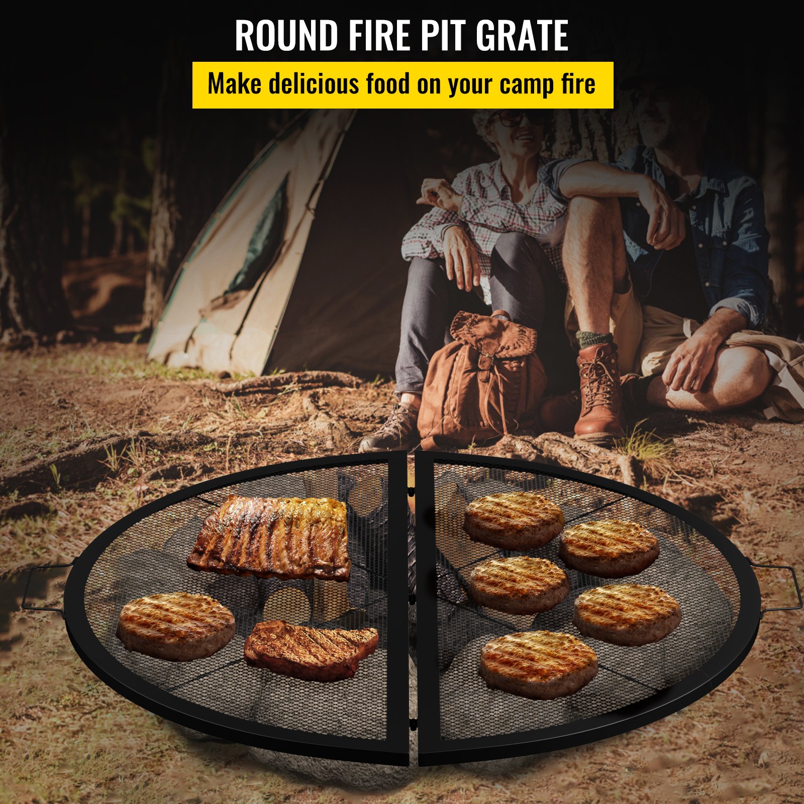 VEVOR Fire Pit Cooking Grill Grate 36 Inch, Foldable Round Cooking Rack, Heavy Duty X-Marks Campfire BBQ Grill with Portable Handle & Support Wire for Outdoor Picnic Party & Gathering, Black