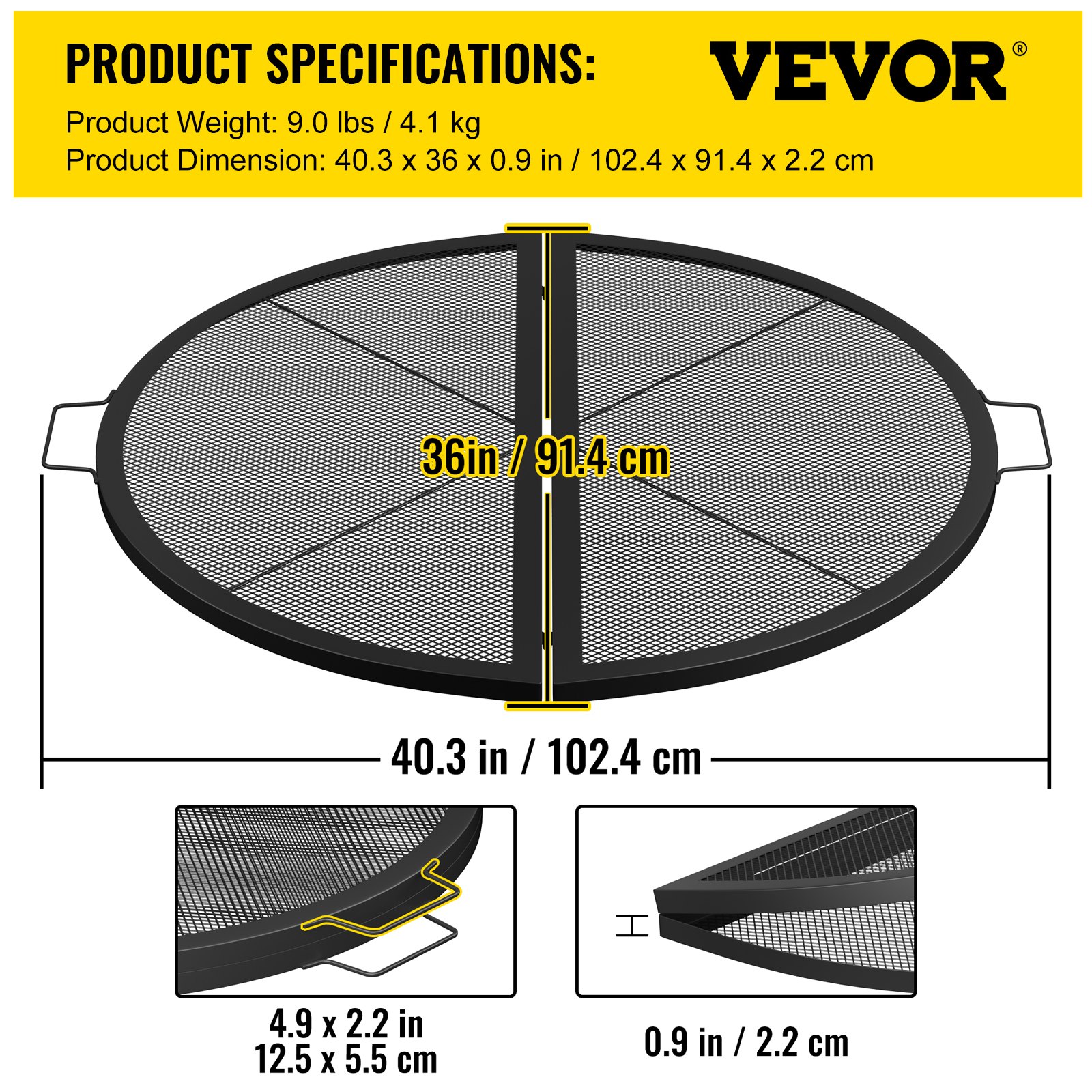 VEVOR Fire Pit Cooking Grill Grate 36 Inch, Foldable Round Cooking Rack, Heavy Duty X-Marks Campfire BBQ Grill with Portable Handle & Support Wire for Outdoor Picnic Party & Gathering, Black