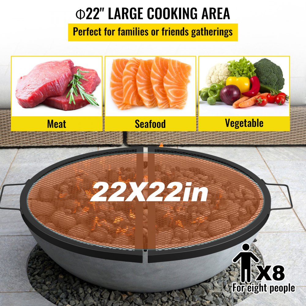 VEVOR Fire Pit Cooking Grate 22 Inch, Foldable Round Cooking Grill Grates,Heavy Duty X-Marks BBQ Grill with Portable Handle & Support Wire for Outdoor Campfire Party & Gathering