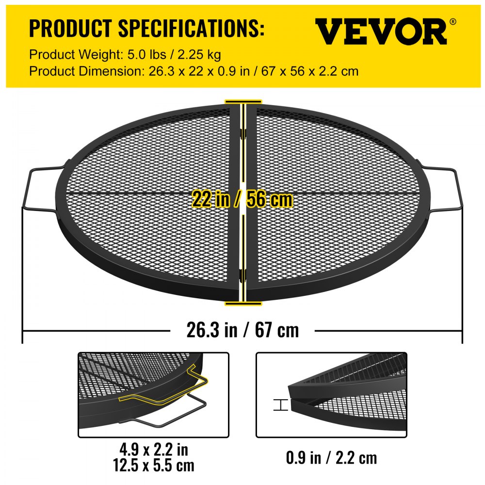 VEVOR Fire Pit Cooking Grate 22 Inch, Foldable Round Cooking Grill Grates,Heavy Duty X-Marks BBQ Grill with Portable Handle & Support Wire for Outdoor Campfire Party & Gathering