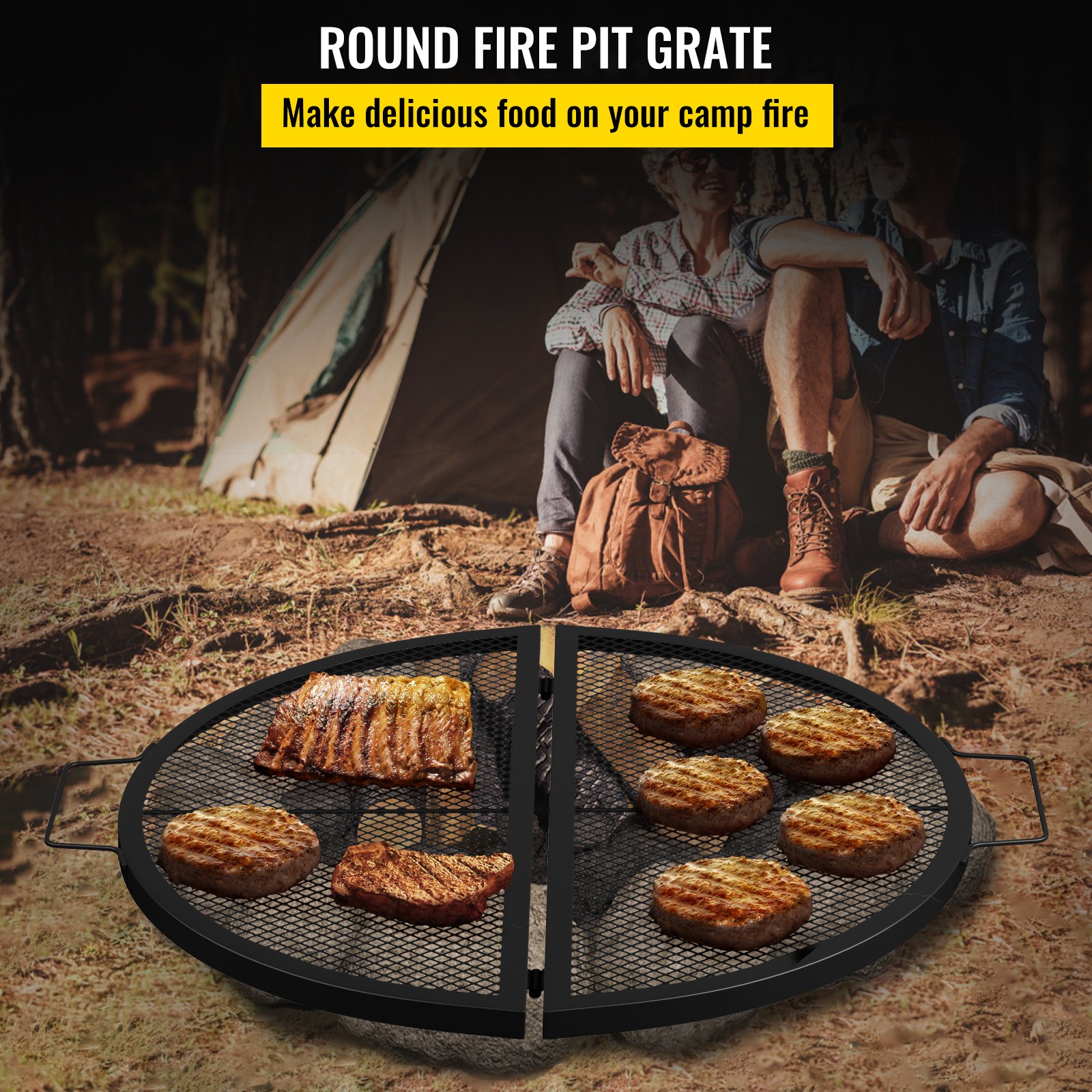 VEVOR Fire Pit Cooking Grate 22 Inch, Foldable Round Cooking Grill Grates,Heavy Duty X-Marks BBQ Grill with Portable Handle & Support Wire for Outdoor Campfire Party & Gathering