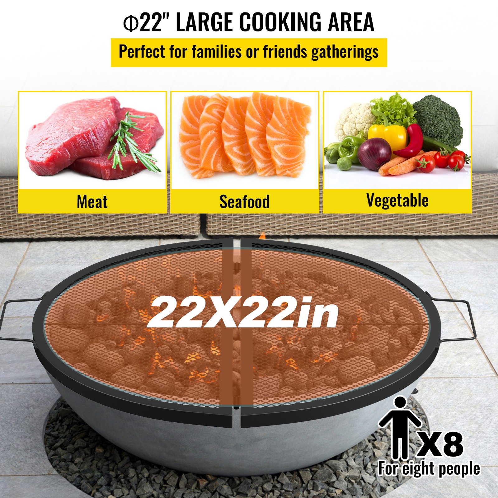 VEVOR Fire Pit Cooking Grate 22 Inch, Foldable Round Cooking Grill Grates,Heavy Duty X-Marks BBQ Grill with Portable Handle & Support Wire for Outdoor Campfire Party & Gathering