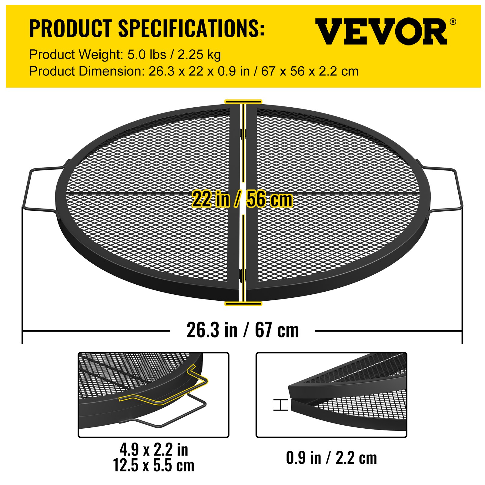 VEVOR Fire Pit Cooking Grate 22 Inch, Foldable Round Cooking Grill Grates,Heavy Duty X-Marks BBQ Grill with Portable Handle & Support Wire for Outdoor Campfire Party & Gathering