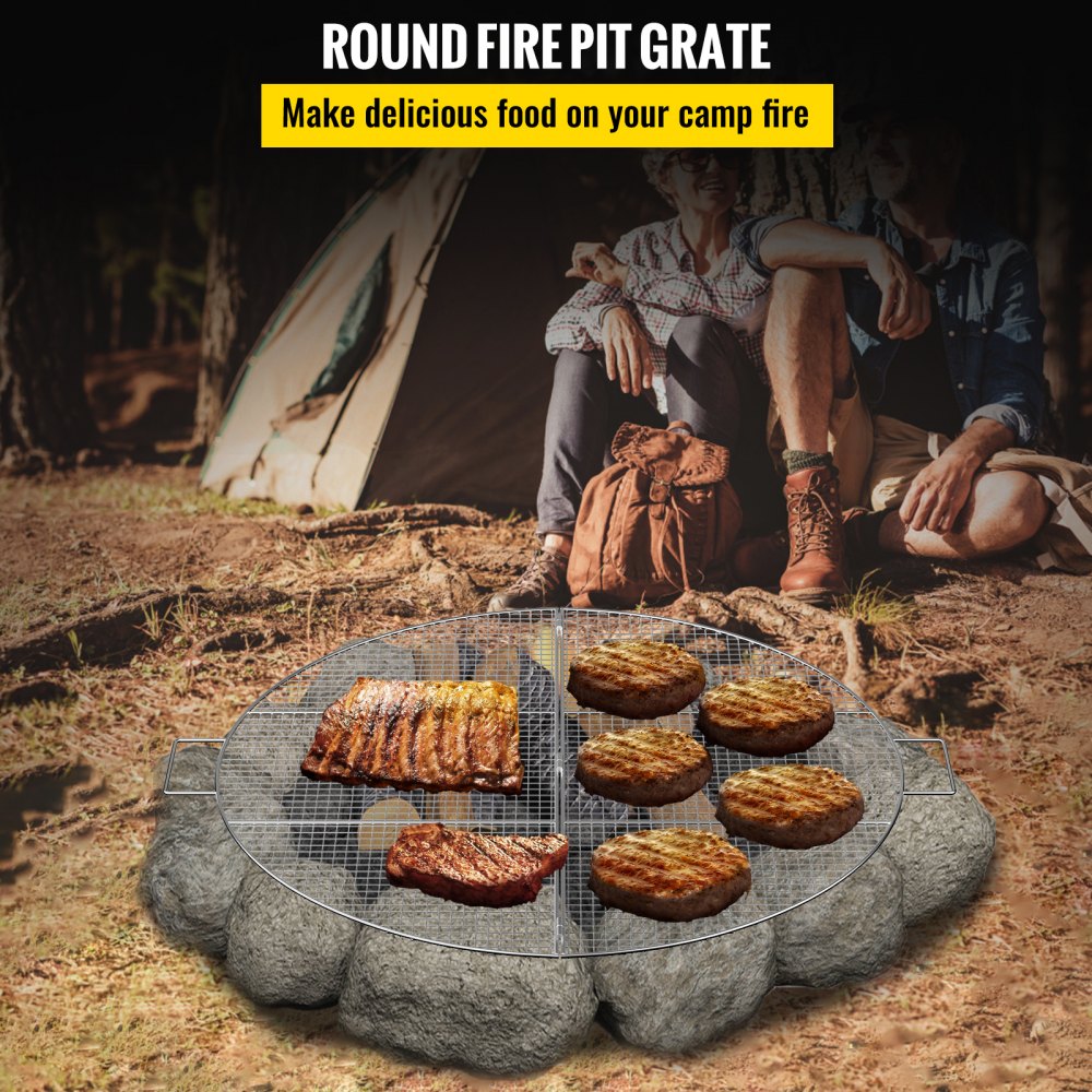 VEVOR Fire Pit Cooking Grill Grates 30 Inch, Foldable Round Cooking Grate, Solid Stainless Steel Campfire BBQ Rack with Handle & Support Wire for Outdoor Picnic Party & Gathering, Silver