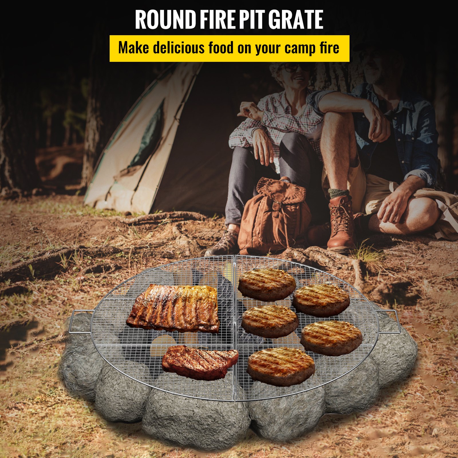 VEVOR Fire Pit Cooking Grill Grates 30 Inch, Foldable Round Cooking Grate, Solid Stainless Steel Campfire BBQ Rack with Handle & Support Wire for Outdoor Picnic Party & Gathering, Silver