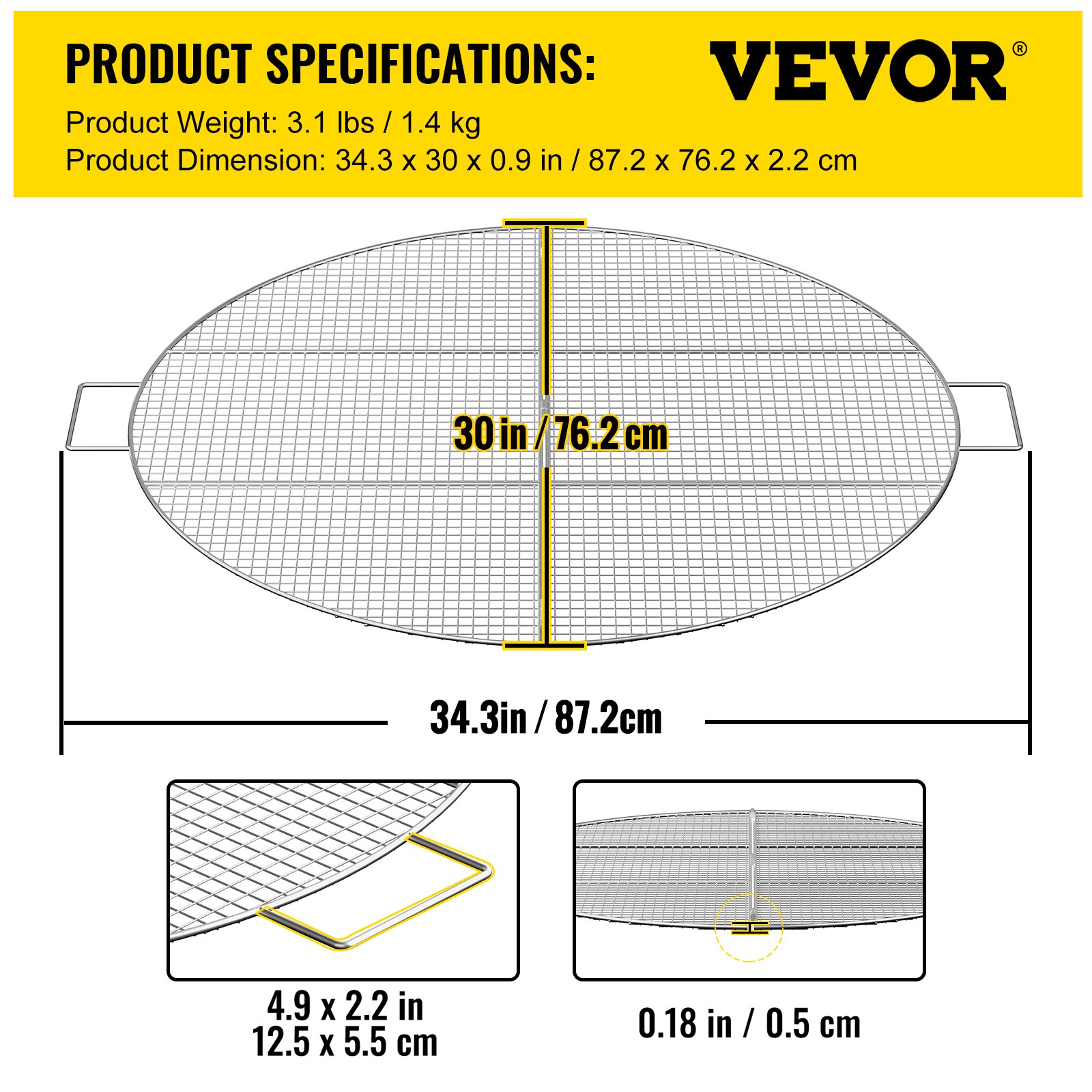 VEVOR Fire Pit Cooking Grill Grates 30 Inch, Foldable Round Cooking Grate, Solid Stainless Steel Campfire BBQ Rack with Handle & Support Wire for Outdoor Picnic Party & Gathering, Silver