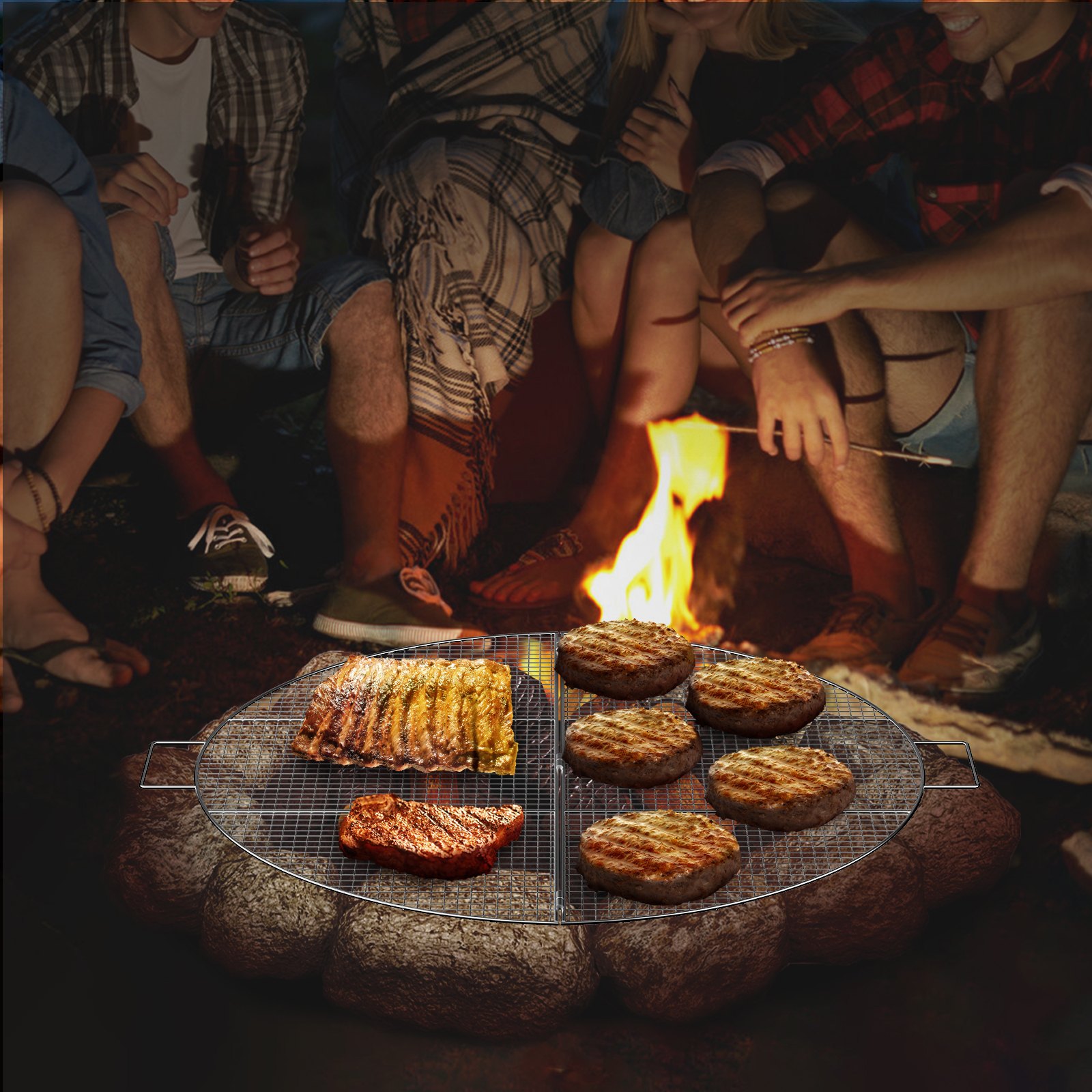 VEVOR Fire Pit Cooking Grill Grates 30 Inch, Foldable Round Cooking Grate, Solid Stainless Steel Campfire BBQ Rack with Handle & Support Wire for Outdoor Picnic Party & Gathering, Silver
