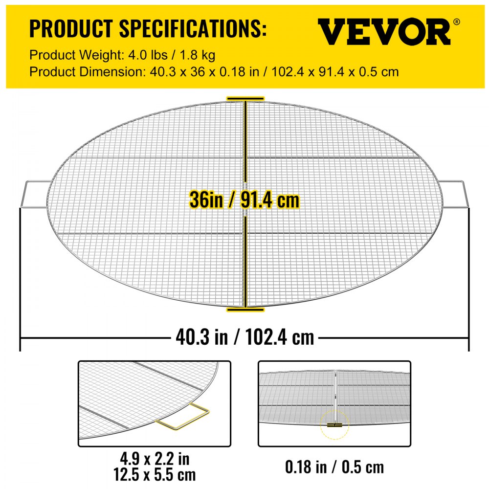 VEVOR Fire Pit Cooking Grill Grate 36 Inch, Foldable Round Cooking Grate, Solid Stainless Steel Campfire BBQ Rack with Handle & Support Wire for Outdoor Picnic Party & Gathering, Silver