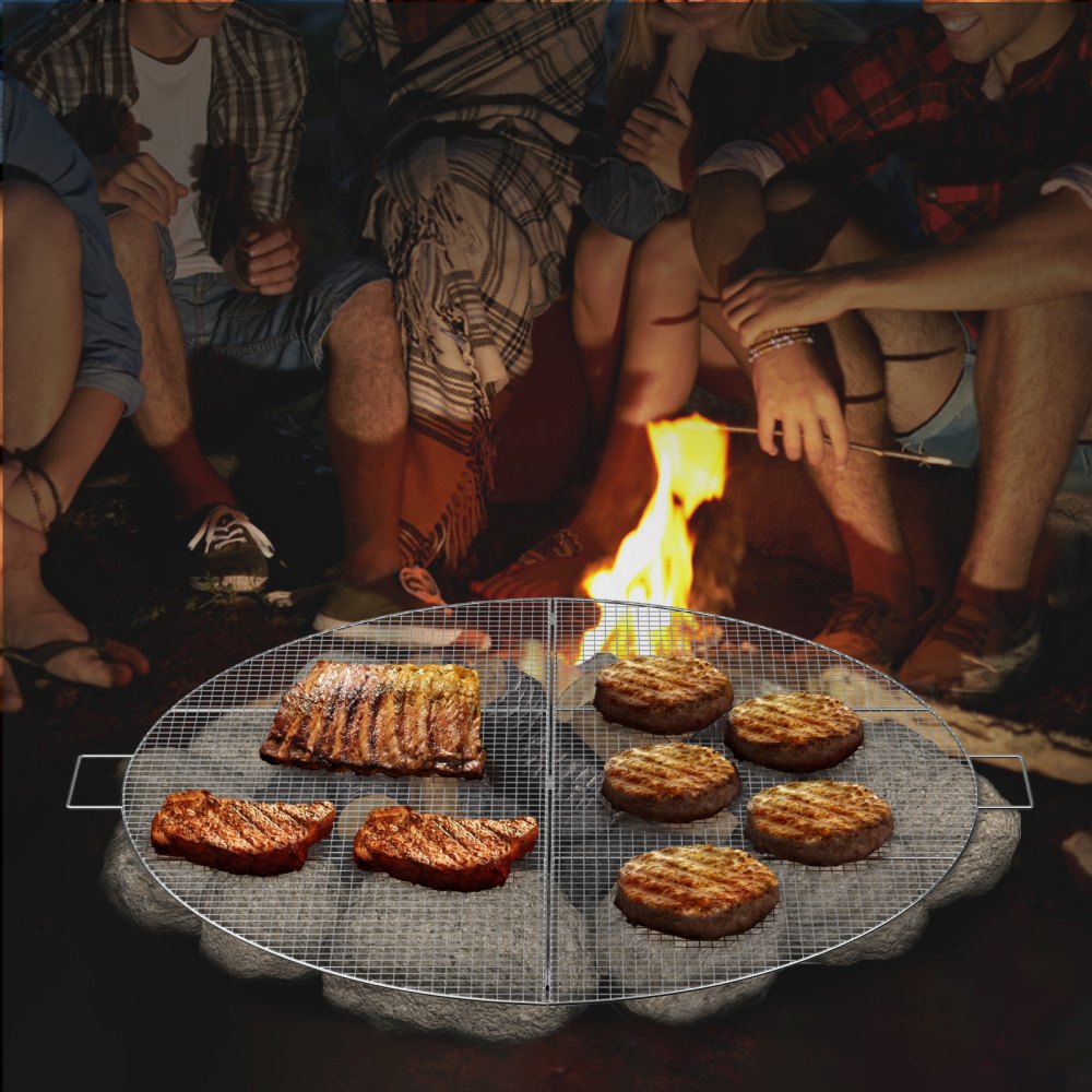 VEVOR Fire Pit Cooking Grill Grate 36 Inch, Foldable Round Cooking Grate, Solid Stainless Steel Campfire BBQ Rack with Handle & Support Wire for Outdoor Picnic Party & Gathering, Silver