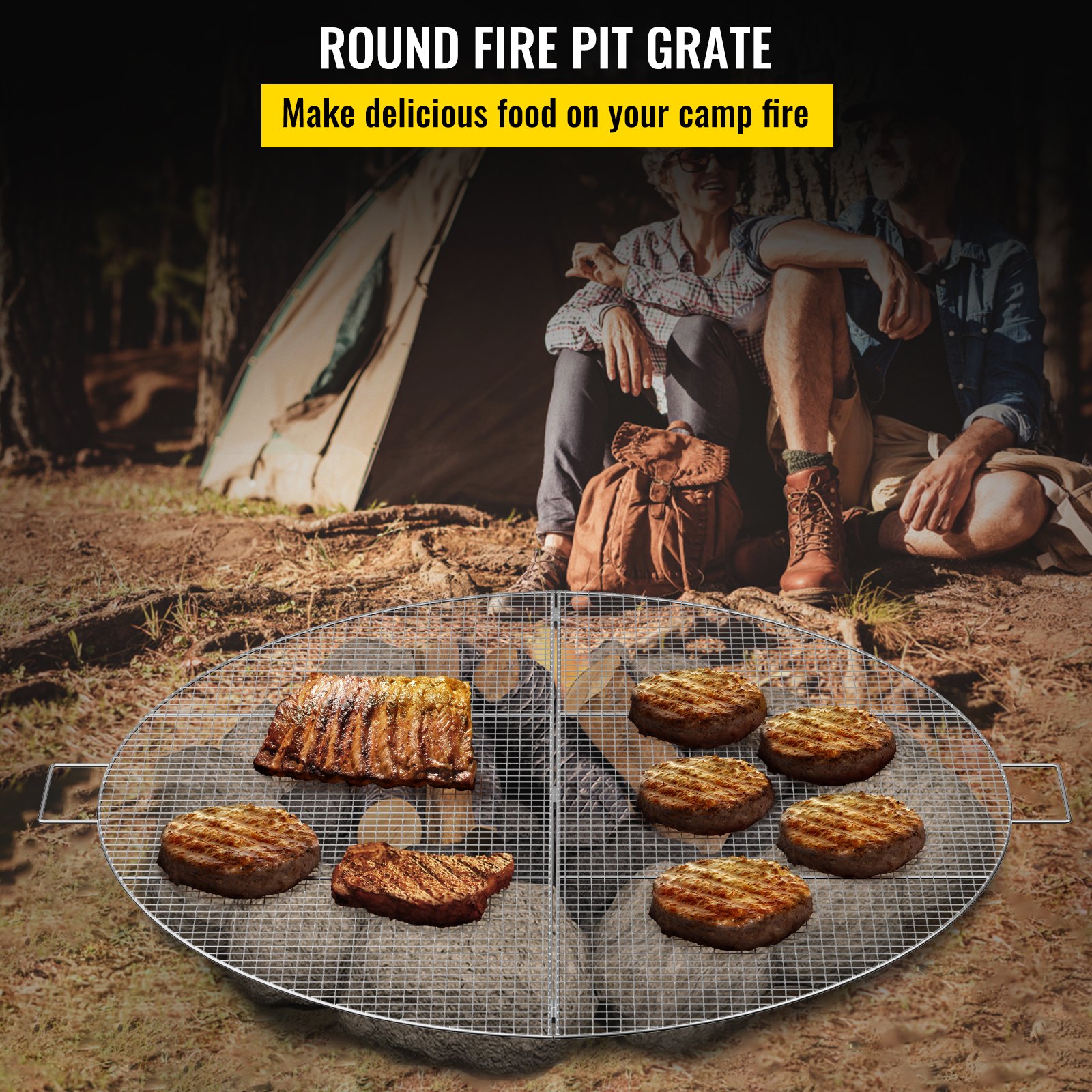 VEVOR Fire Pit Cooking Grill Grate 36 Inch, Foldable Round Cooking Grate, Solid Stainless Steel Campfire BBQ Rack with Handle & Support Wire for Outdoor Picnic Party & Gathering, Silver