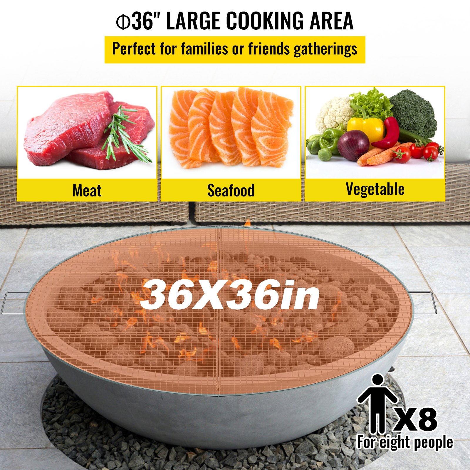 VEVOR Fire Pit Cooking Grill Grate 36 Inch, Foldable Round Cooking Grate, Solid Stainless Steel Campfire BBQ Rack with Handle & Support Wire for Outdoor Picnic Party & Gathering, Silver