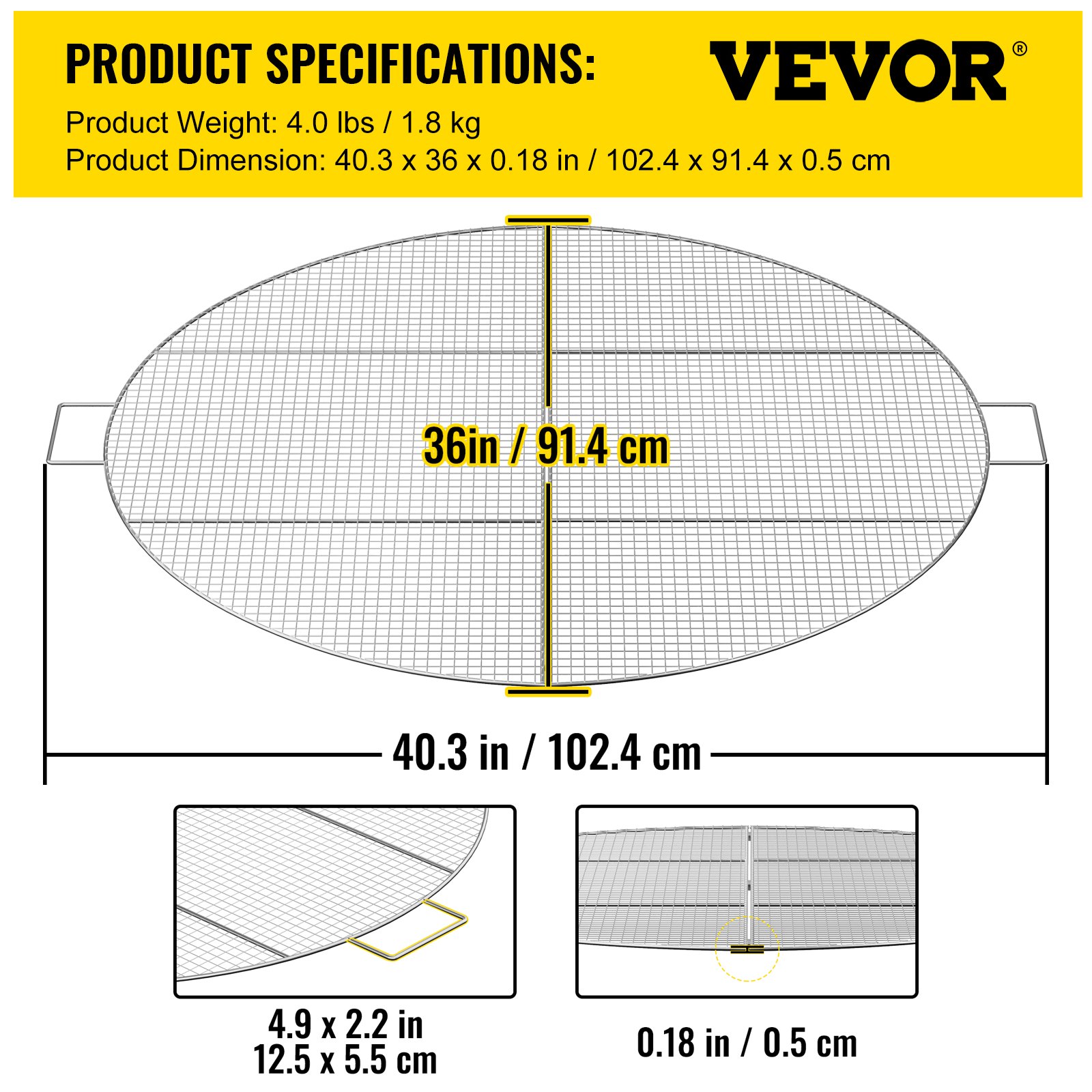 VEVOR Fire Pit Cooking Grill Grate 36 Inch, Foldable Round Cooking Grate, Solid Stainless Steel Campfire BBQ Rack with Handle & Support Wire for Outdoor Picnic Party & Gathering, Silver