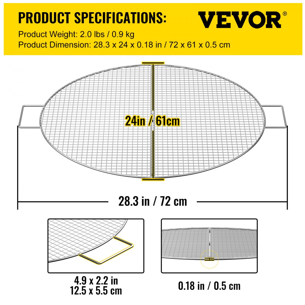 VEVOR Fire Pit Cooking Grill Grate 24 Inch, Foldable Round Cooking Grate, Stainless Steel Tight Grid Campfire BBQ Grill with Portable Handle for Outdoor Picnic Party & Gathering, Silver