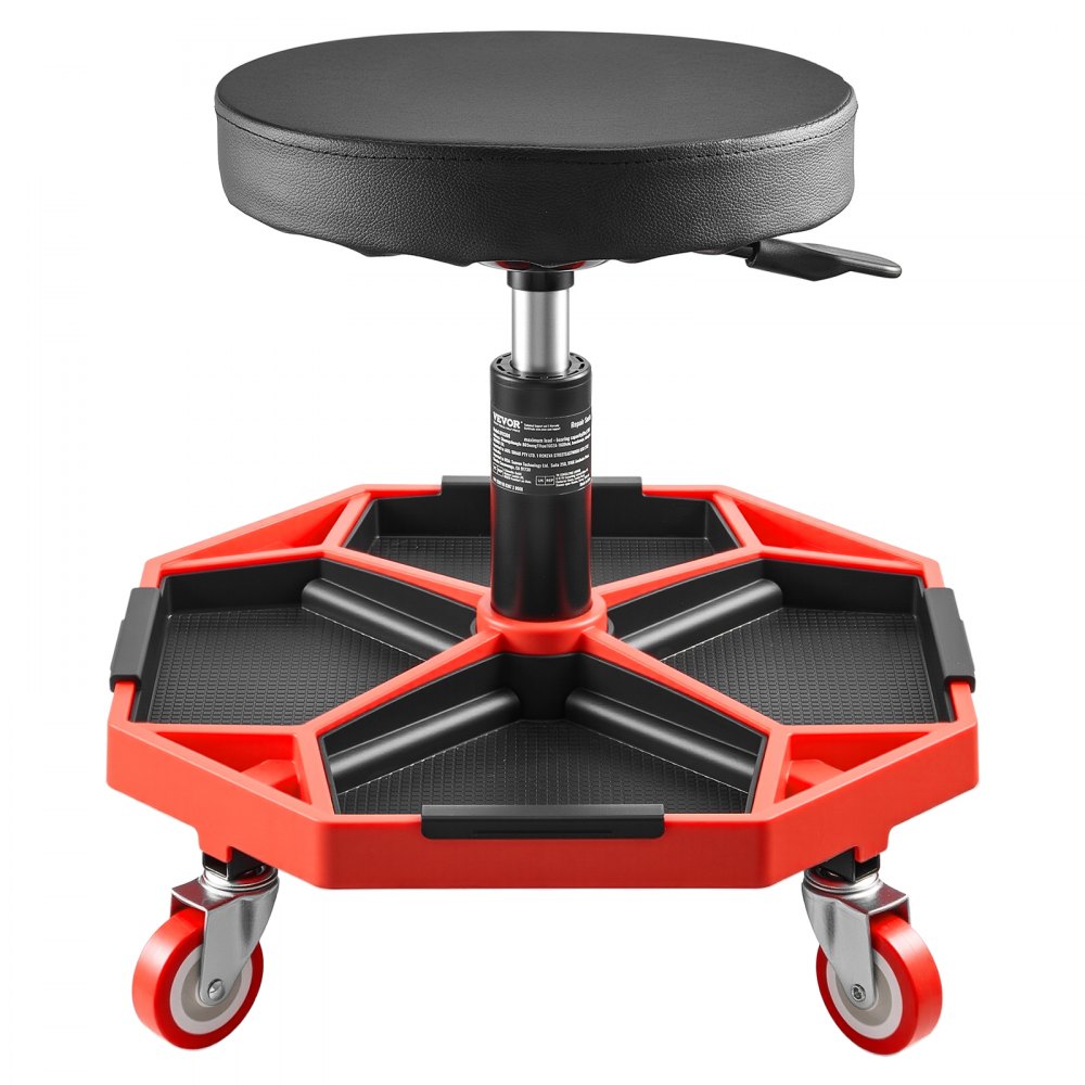 VEVOR Rolling Mechanic Stool with Wheels, 300 lbs Capacity Garage Seat/Work Stool, Adjustable Height (16.5-21.7 in) Roller Creeper Seat with Tool Tray, for Garage, Shop & Auto Repair, Black+Red