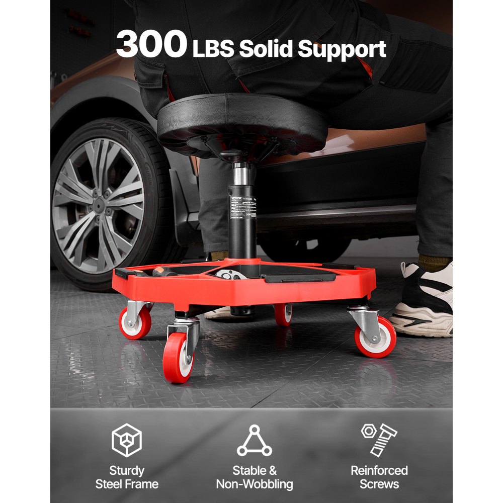 VEVOR Rolling Mechanic Stool with Wheels, 300 lbs Capacity Garage Seat/Work Stool, Adjustable Height (16.5-21.7 in) Roller Creeper Seat with Tool Tray, for Garage, Shop & Auto Repair, Black+Red