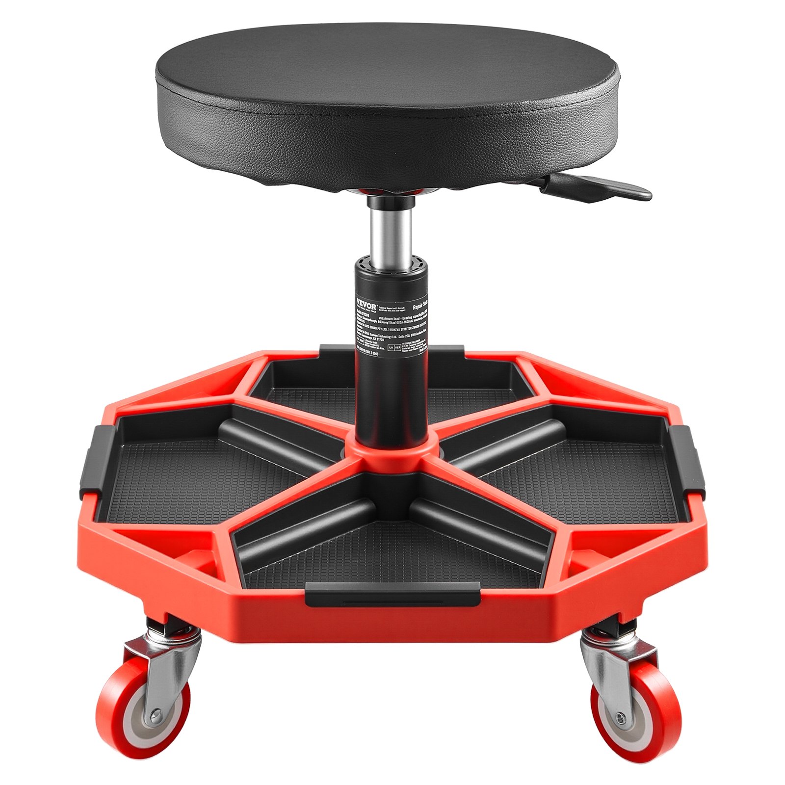 VEVOR Rolling Mechanic Stool with Wheels, 300 lbs Capacity Garage Seat/Work Stool, Adjustable Height (16.5-21.7 in) Roller Creeper Seat with Tool Tray, for Garage, Shop & Auto Repair, Black+Red