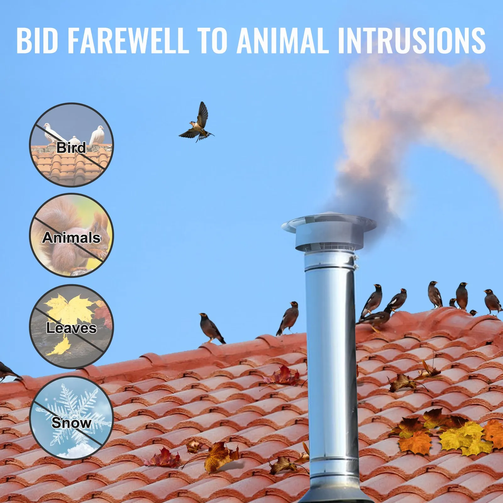 VEVOR chimney cap on a tiled roof with birds, leaves, and smoke, preventing animal intrusions.