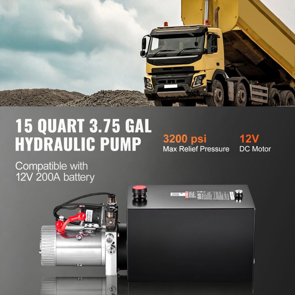 VEVOR 15L Hydraulic Pump, Double Acting Hydraulic Trailer Pump, 22Mpa Max Relief Pressure, 3.4L/MIN Flow Rate, DC12V 1.6KW Power Unit for Dump Trailer Car Lifting (Horizontal Installation)