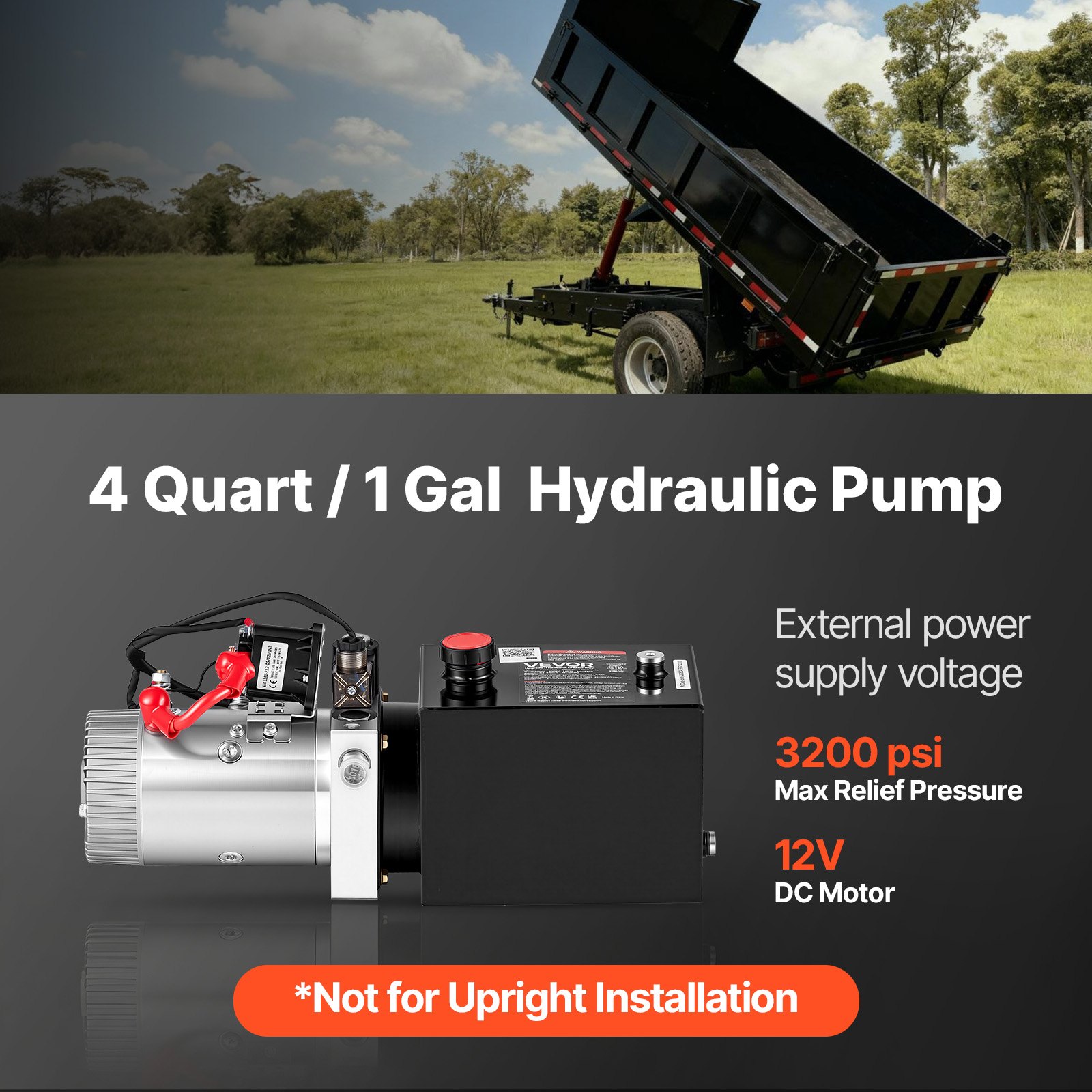 VEVOR 4L Hydraulic Pump, Single Acting Hydraulic Power Unit, 22Mpa Max Relief Pressure, 3.4L/Min Flow Rate, DC12V 1.6KW Hydraulic Power Unit for Dump Trailer Car Lifting (Horizontal Installation)