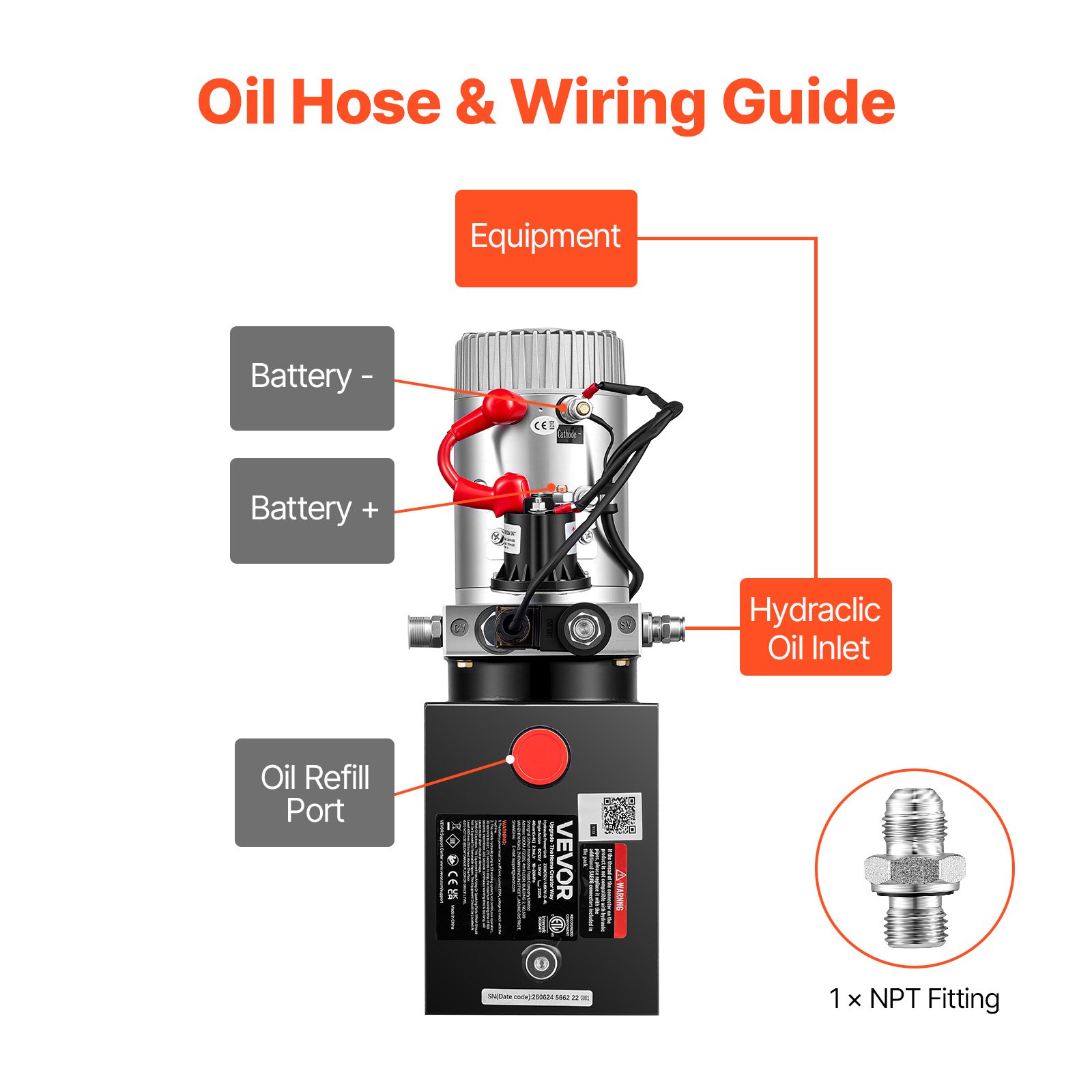 VEVOR 4L Hydraulic Pump, Single Acting Hydraulic Power Unit, 22Mpa Max Relief Pressure, 3.4L/Min Flow Rate, DC12V 1.6KW Hydraulic Power Unit for Dump Trailer Car Lifting (Horizontal Installation)
