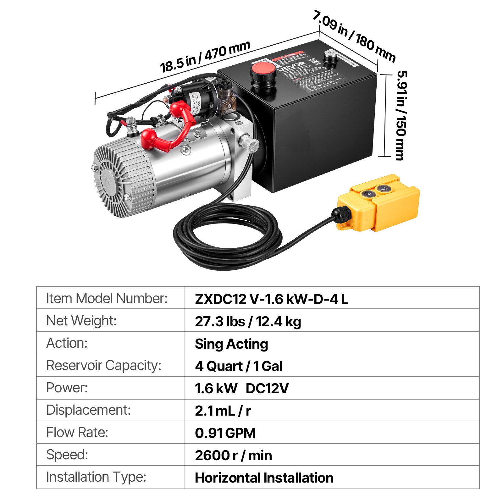 VEVOR 4L Hydraulic Pump, Single Acting Hydraulic Power Unit, 22Mpa Max Relief Pressure, 3.4L/Min Flow Rate, DC12V 1.6KW Hydraulic Power Unit for Dump Trailer Car Lifting (Horizontal Installation)