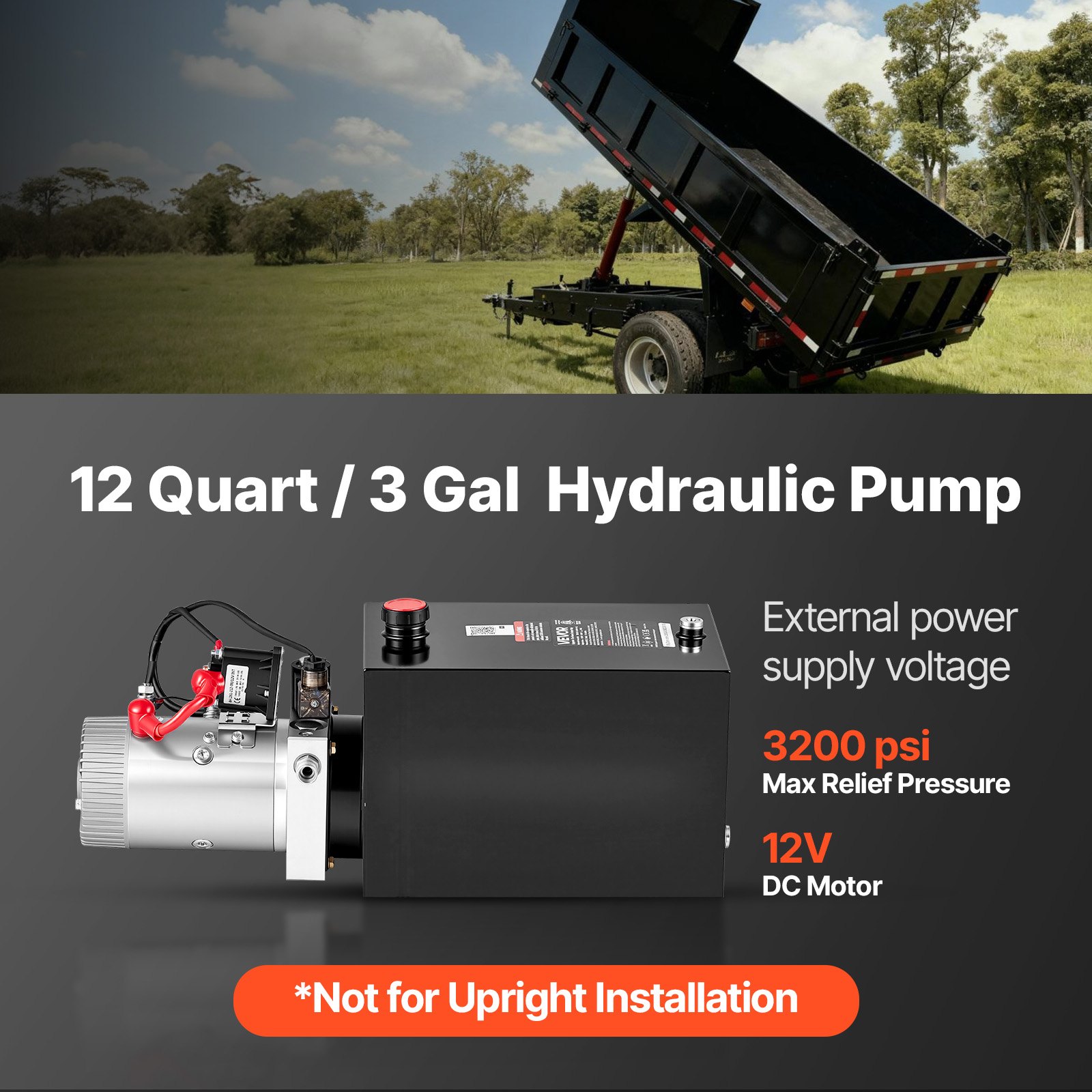 VEVOR 12L Hydraulic Pump, Single Acting Hydraulic Power Unit, 22Mpa Max Relief Pressure, 3.4L/Min Flow Rate, DC12V 1.6KW Hydraulic Power Unit for Dump Trailer Car Lifting (Horizontal Installation)