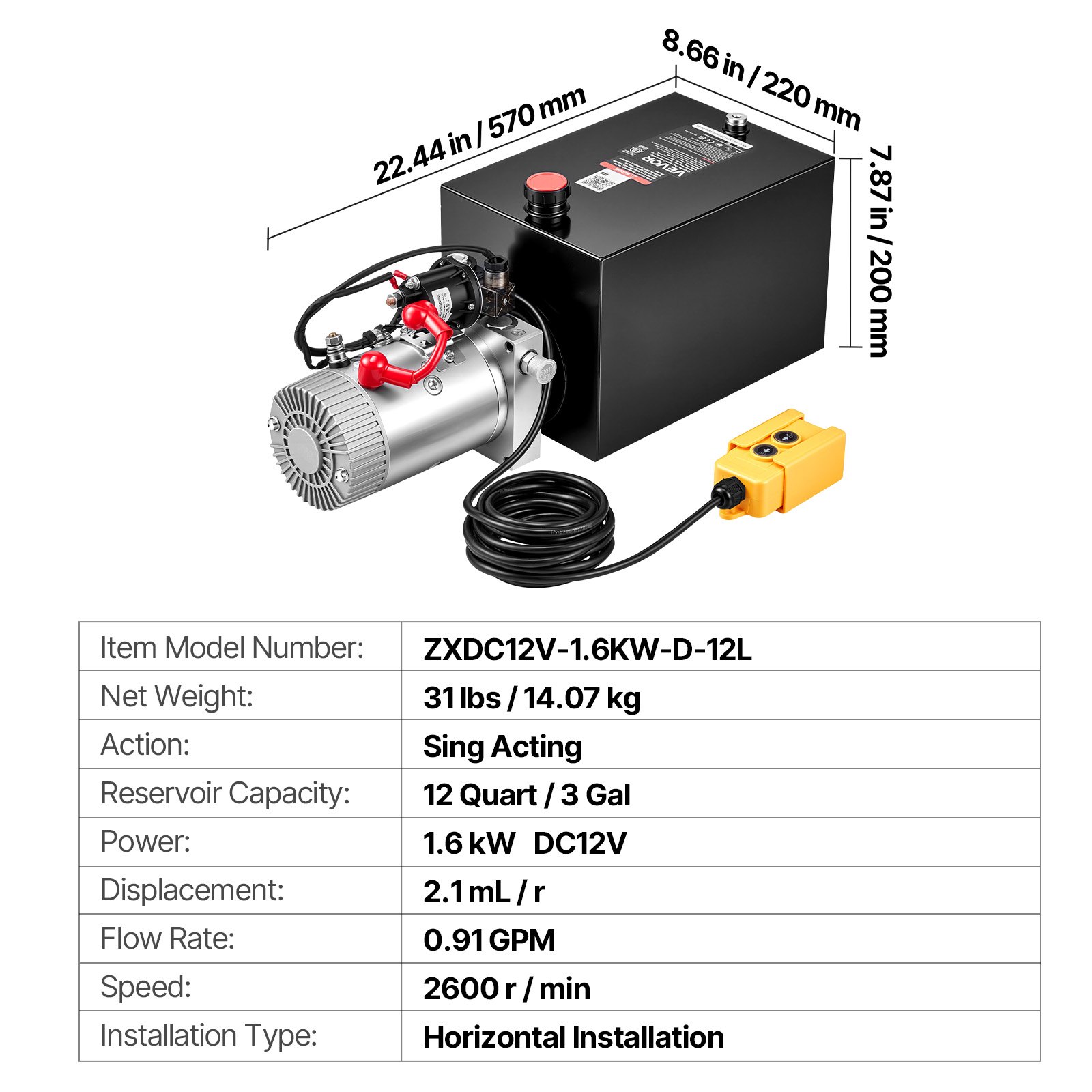 VEVOR 12L Hydraulic Pump, Single Acting Hydraulic Power Unit, 22Mpa Max Relief Pressure, 3.4L/Min Flow Rate, DC12V 1.6KW Hydraulic Power Unit for Dump Trailer Car Lifting (Horizontal Installation)