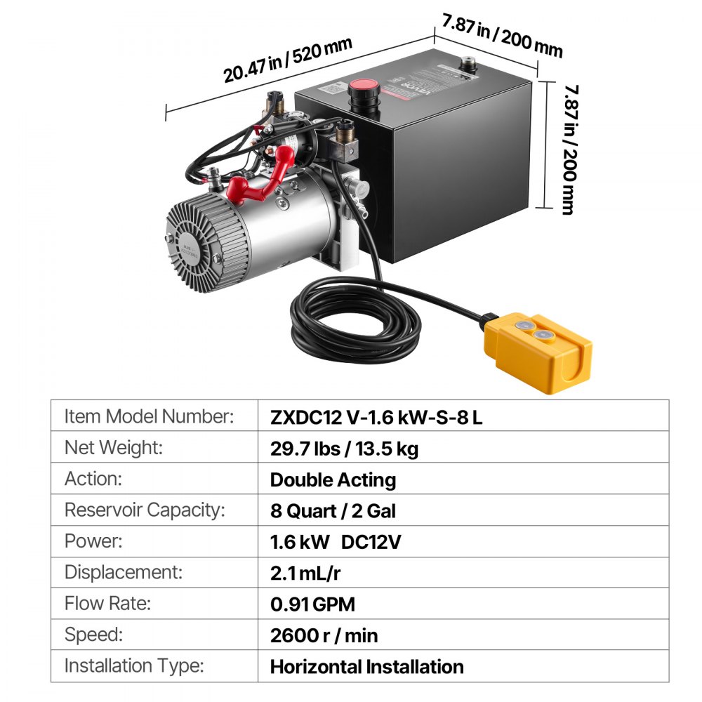 VEVOR 8L Hydraulic Pump, Double Acting Dump Trailer Pump, 22Mpa Max Relief Pressure, 3.4L/Min Flow Rate, DC12V 1.6KW Hydraulic Power Unit for Dump Trailer Car Lifting (Horizontal Installation)