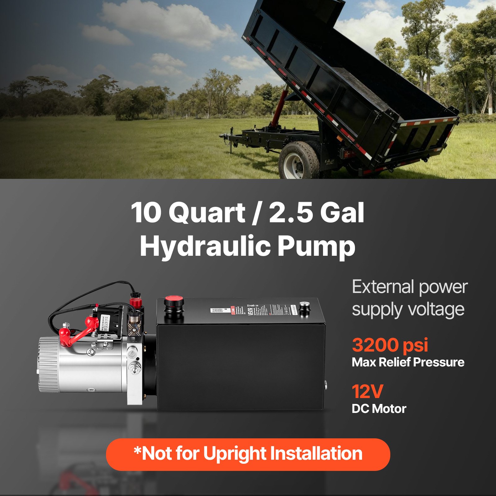 VEVOR 10L Hydraulic Pump, Double Acting Hydraulic Trailer Pump, 22Mpa Max Relief Pressure, 3.4L/Min Flow Rate, DC12V 1.6KW Power Unit for Dump Trailer Car Lifting (Horizontal Installation)