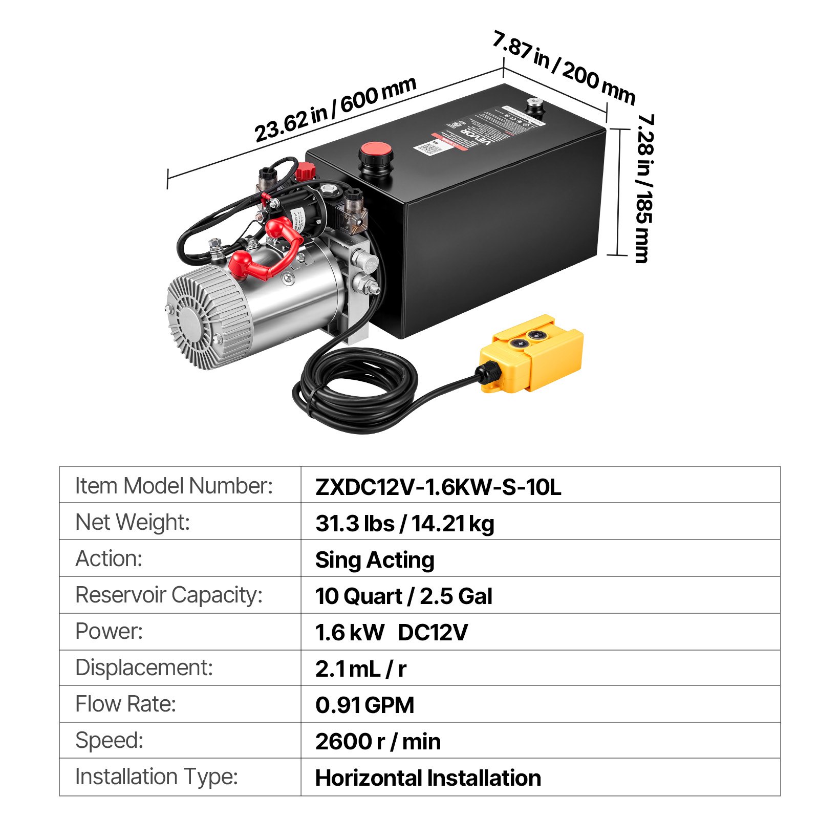 VEVOR 10L Hydraulic Pump, Double Acting Hydraulic Trailer Pump, 22Mpa Max Relief Pressure, 3.4L/Min Flow Rate, DC12V 1.6KW Power Unit for Dump Trailer Car Lifting (Horizontal Installation)