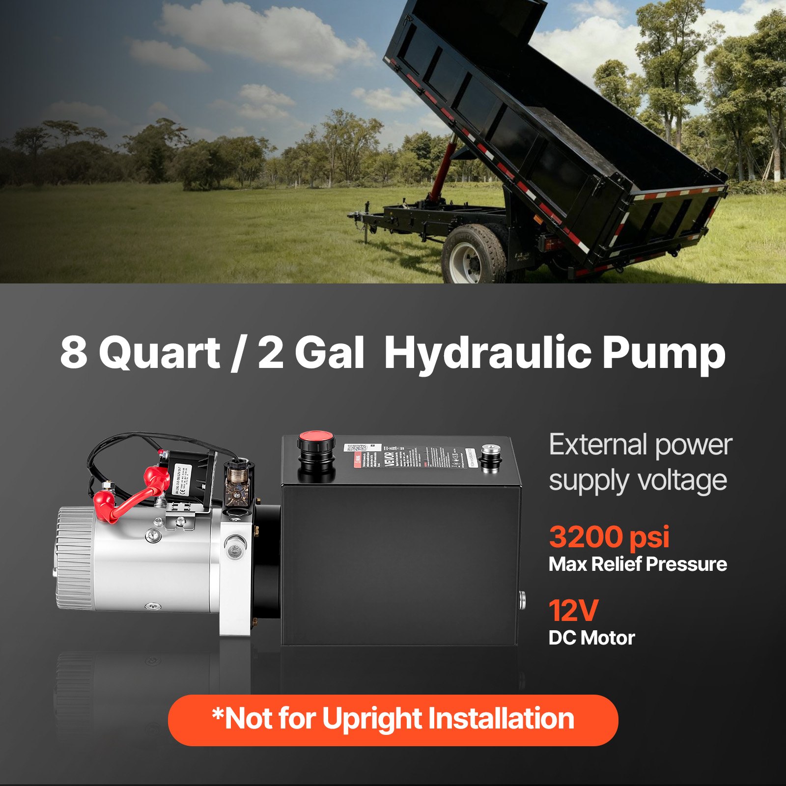 VEVOR 8L Hydraulic Pump, Single Acting Hydraulic Power Unit, 22Mpa Max Relief Pressure, 3.4L/Min Flow Rate, DC12V 1.6KW Hydraulic Power Unit for Dump Trailer Car Lifting (Horizontal Installation)