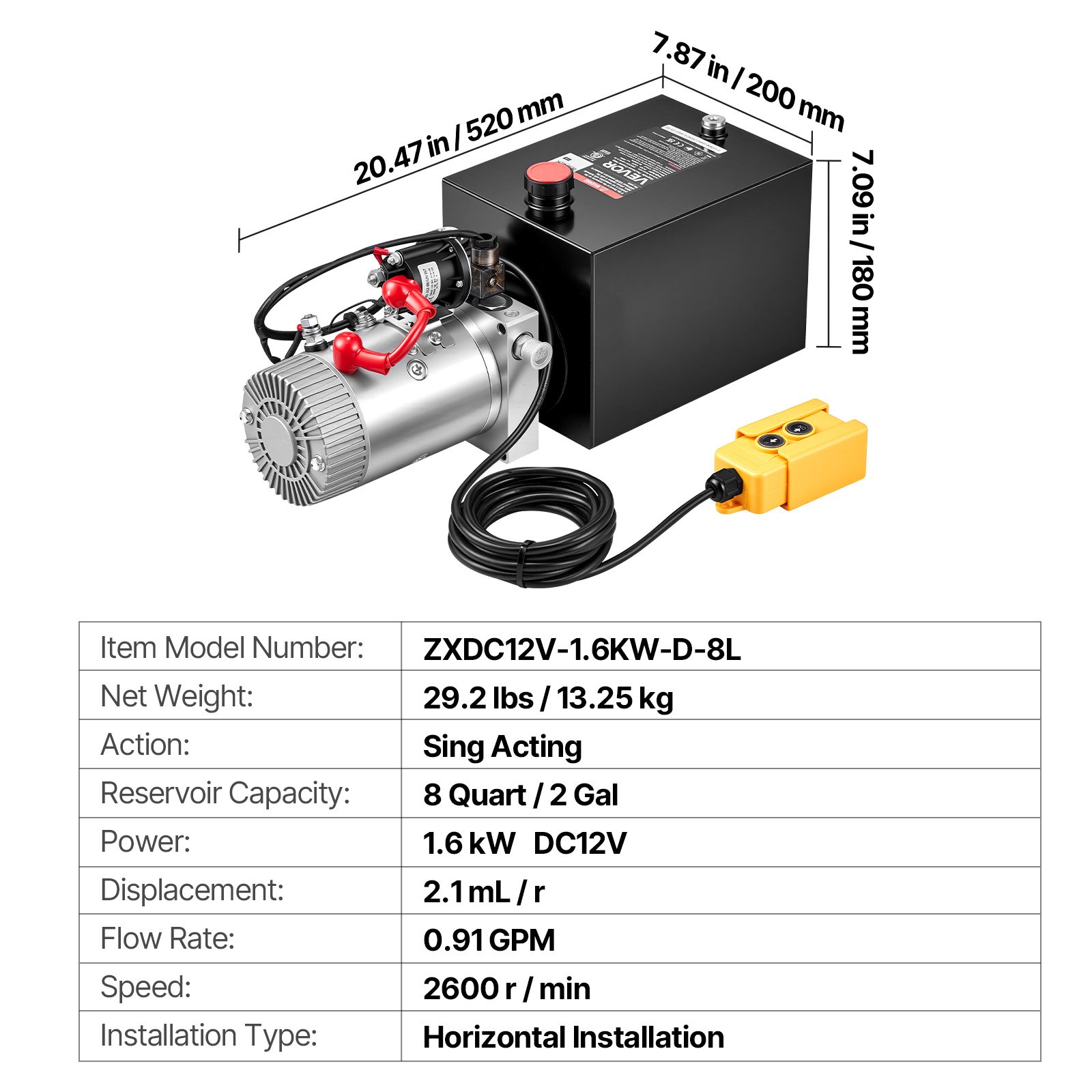 VEVOR 8L Hydraulic Pump, Single Acting Hydraulic Power Unit, 22Mpa Max Relief Pressure, 3.4L/Min Flow Rate, DC12V 1.6KW Hydraulic Power Unit for Dump Trailer Car Lifting (Horizontal Installation)