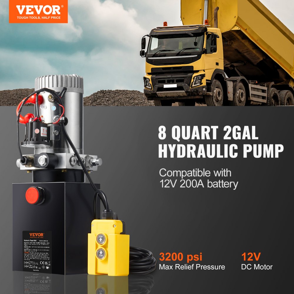 VEVOR Hydraulic Pump 8 Quart/7.6 L Single Acting Dump Trailer Pump Power Unit DC 12V