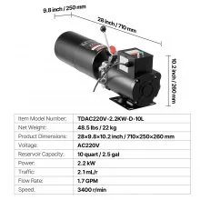 VEVOR Hydraulic Pump Power Unit AC 220V 10 Quart Single Acting Hydraulic Unit