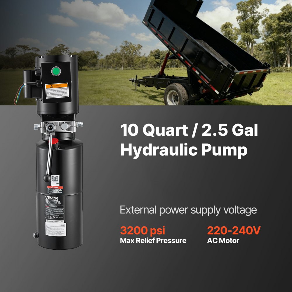 VEVOR 10L Hydraulic Pump, 2.2KW Hydraulic Motor Dump Trailer Pump Single Acting, 22Mpa Max Relief Pressure, 6.3L/Min Flow Rate, AC220-240V Hydraulic Power Unit Car Lift (Vertical Installation)