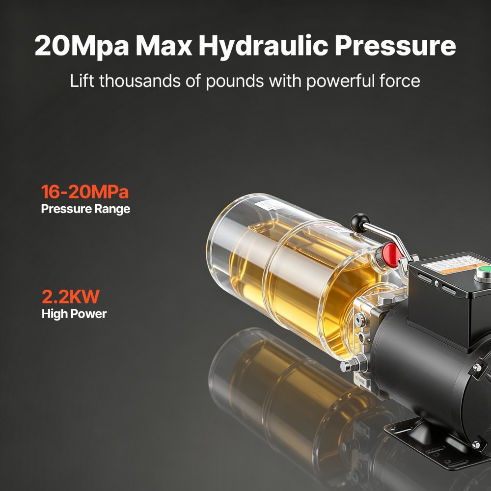 VEVOR 10L Hydraulic Pump, 2.2KW Hydraulic Motor Dump Trailer Pump Single Acting, 22Mpa Max Relief Pressure, 6.3L/Min Flow Rate, AC220-240V Hydraulic Power Unit Car Lift (Vertical Installation)