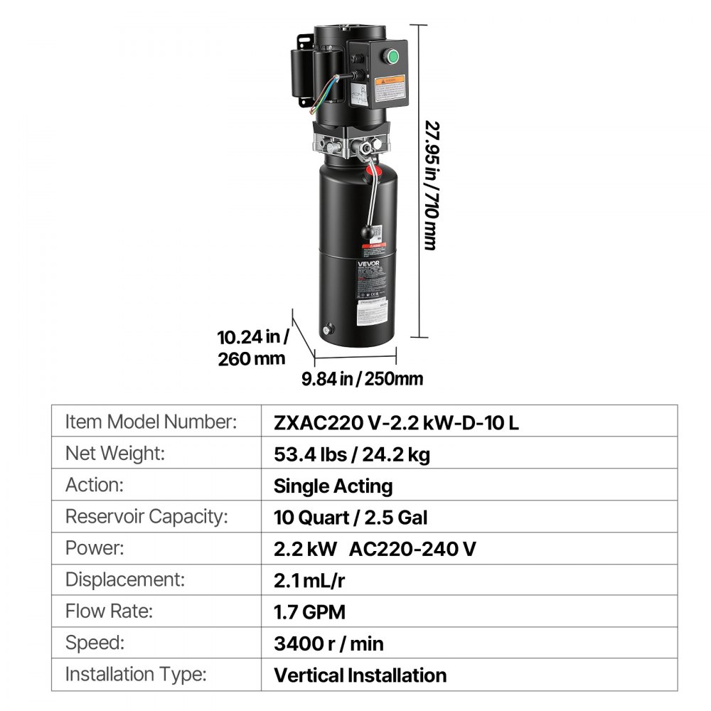 VEVOR 10L Hydraulic Pump, 2.2KW Hydraulic Motor Dump Trailer Pump Single Acting, 22Mpa Max Relief Pressure, 6.3L/Min Flow Rate, AC220-240V Hydraulic Power Unit Car Lift (Vertical Installation)