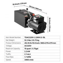 VEVOR Hydraulic Pump Power Unit AC 220V 15 Quart Single Acting Hydraulic Unit