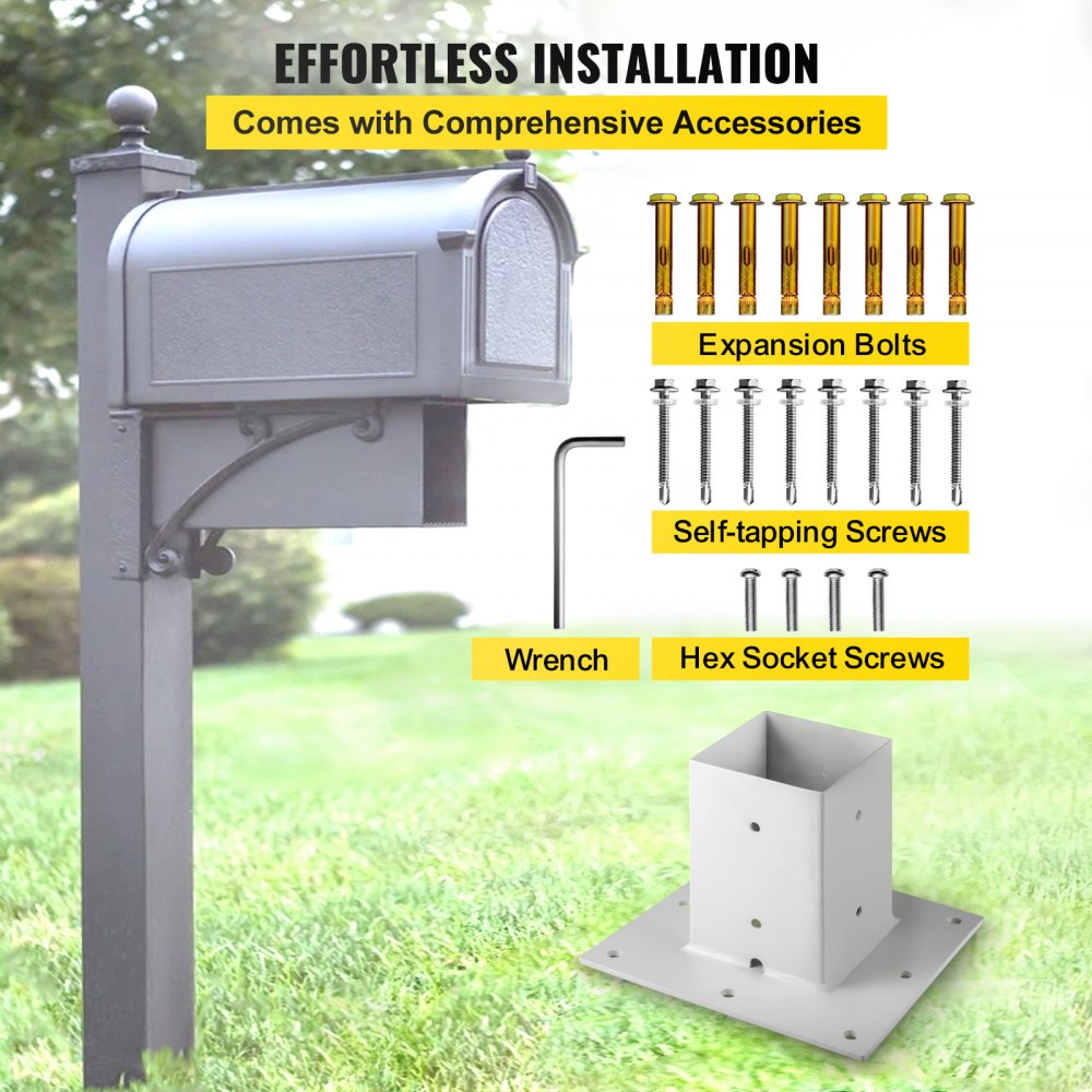 VEVOR Post Base, 4"x4" Mailbox Base Plate, White Powder-Coated Fence Post Anchor, Q235 Steel Deck Post Base, Surface Mount Base Plate for Mailbox Post Deck Supports Porch Railing Post Holders